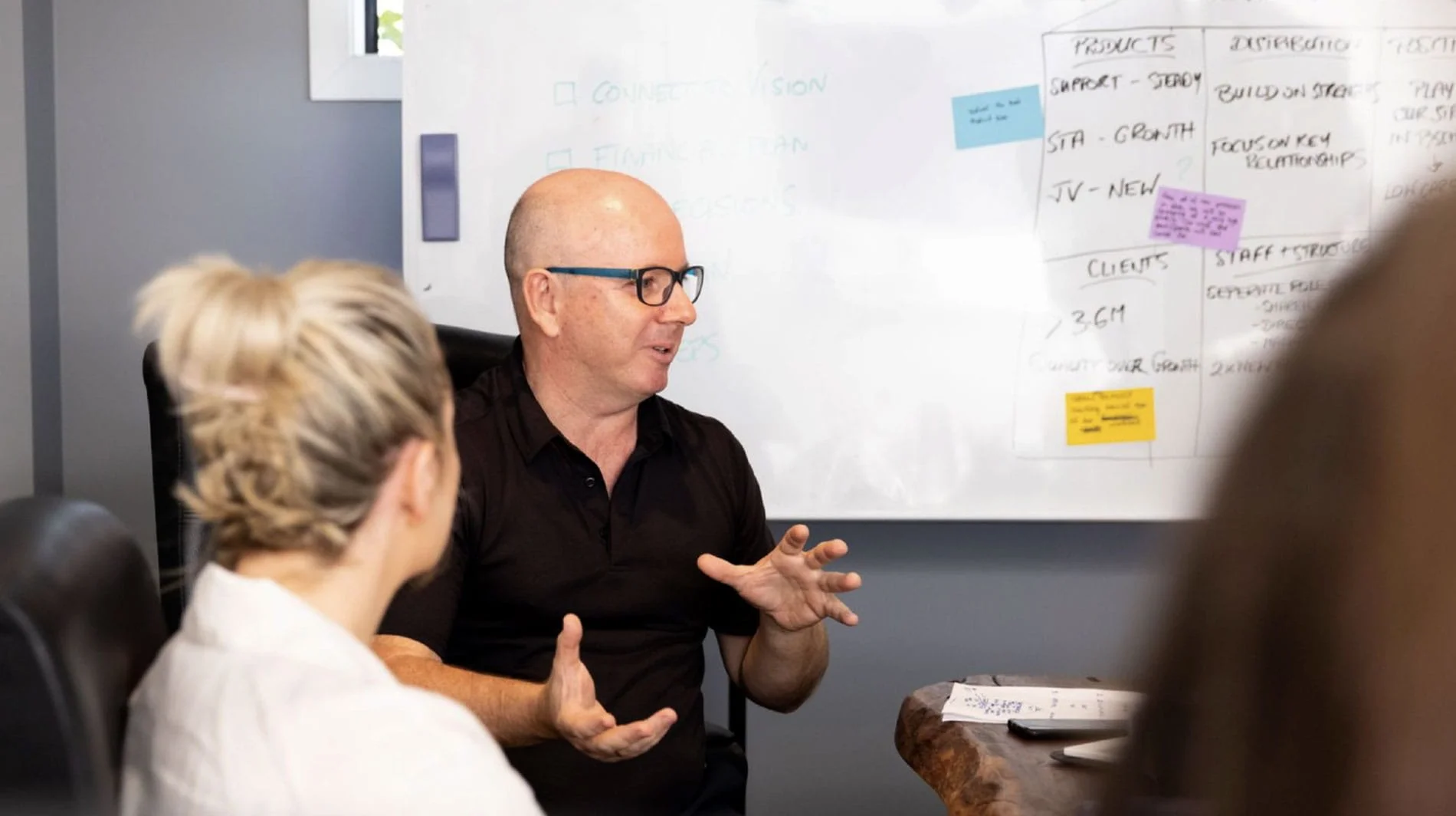 Man with glasses in a black shirt gesturing during a meeting in front of a whiteboard with notes and sticky notes, surrounded by colleagues.