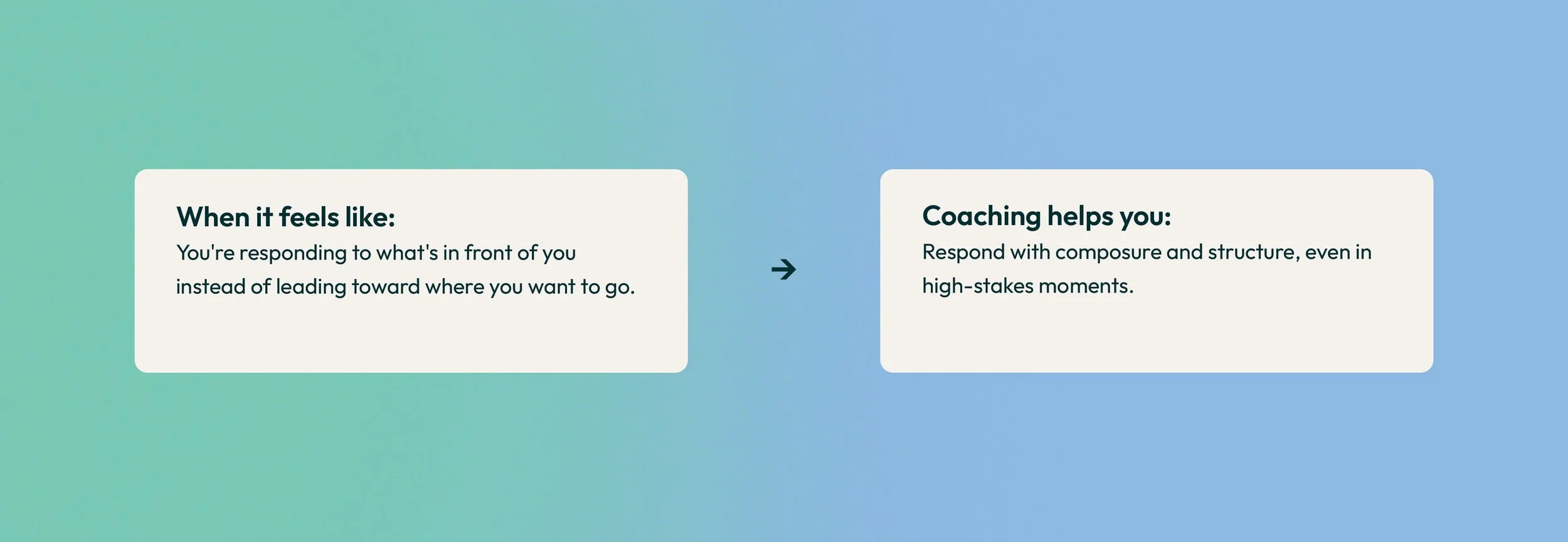 A split-screen graphic with a gradient background, showing two white text boxes with black text and a right arrow between them. The left box reads "When it feels like: You're responding to what's in front of you instead of leading toward where you wa