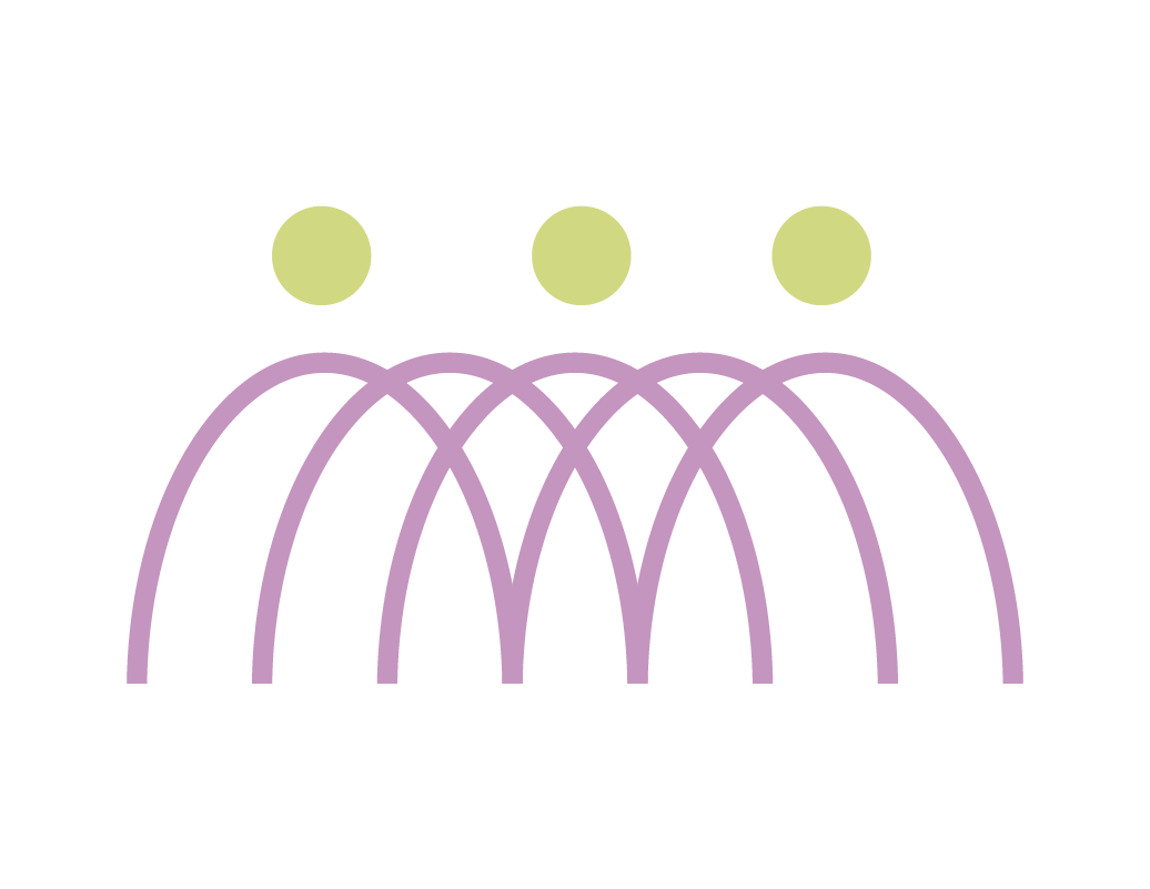 Illustration of three people standing behind a water fountain, with water arches in purple color splashing in front.
