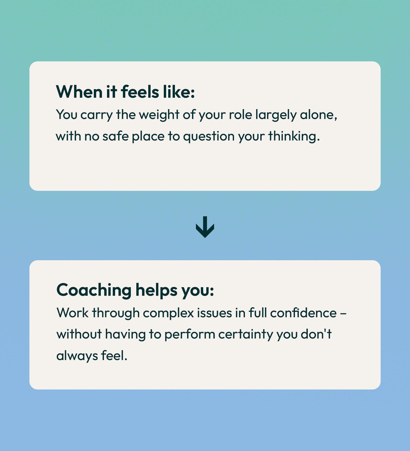 Slide with text about feeling of carrying weight alone and coaching benefits. Background has a gradient from teal to blue, with a downward arrow icon below the text box.