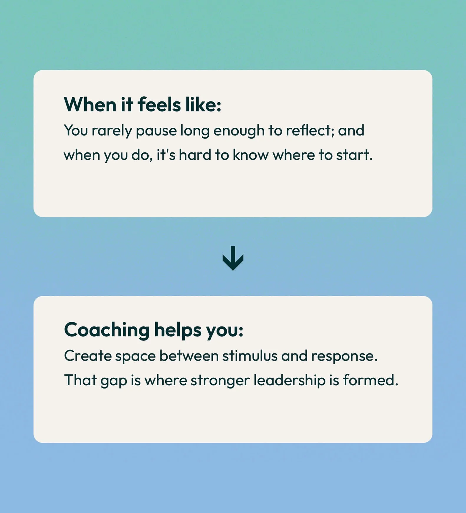 A digital graphic with a gradient blue-green background displaying text about feelings and coaching. The first section says: "When it feels like: You rarely pause long enough to reflect; and when you do, it's hard to know where to start." The second 
