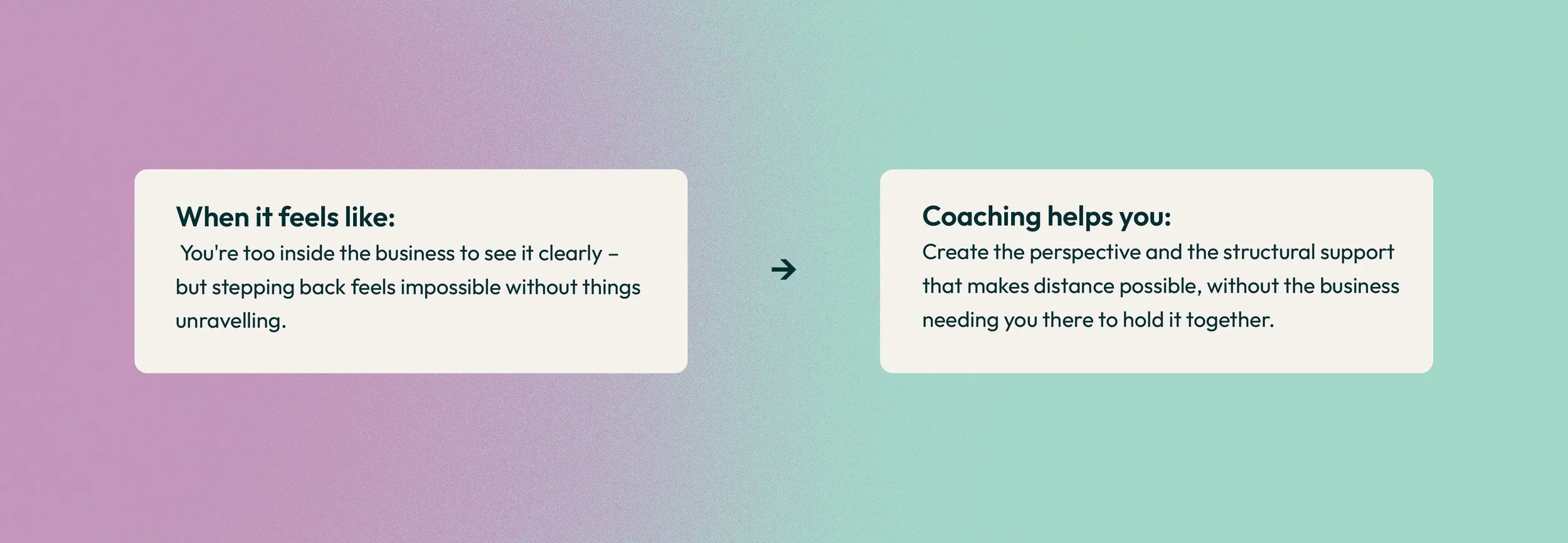 A digital graphic with a pastel gradient background, showing two sections of text. The left section says, 'When it feels like: You're too inside the business to see it clearly — but stepping back feels impossible without things unravelling.' The righ