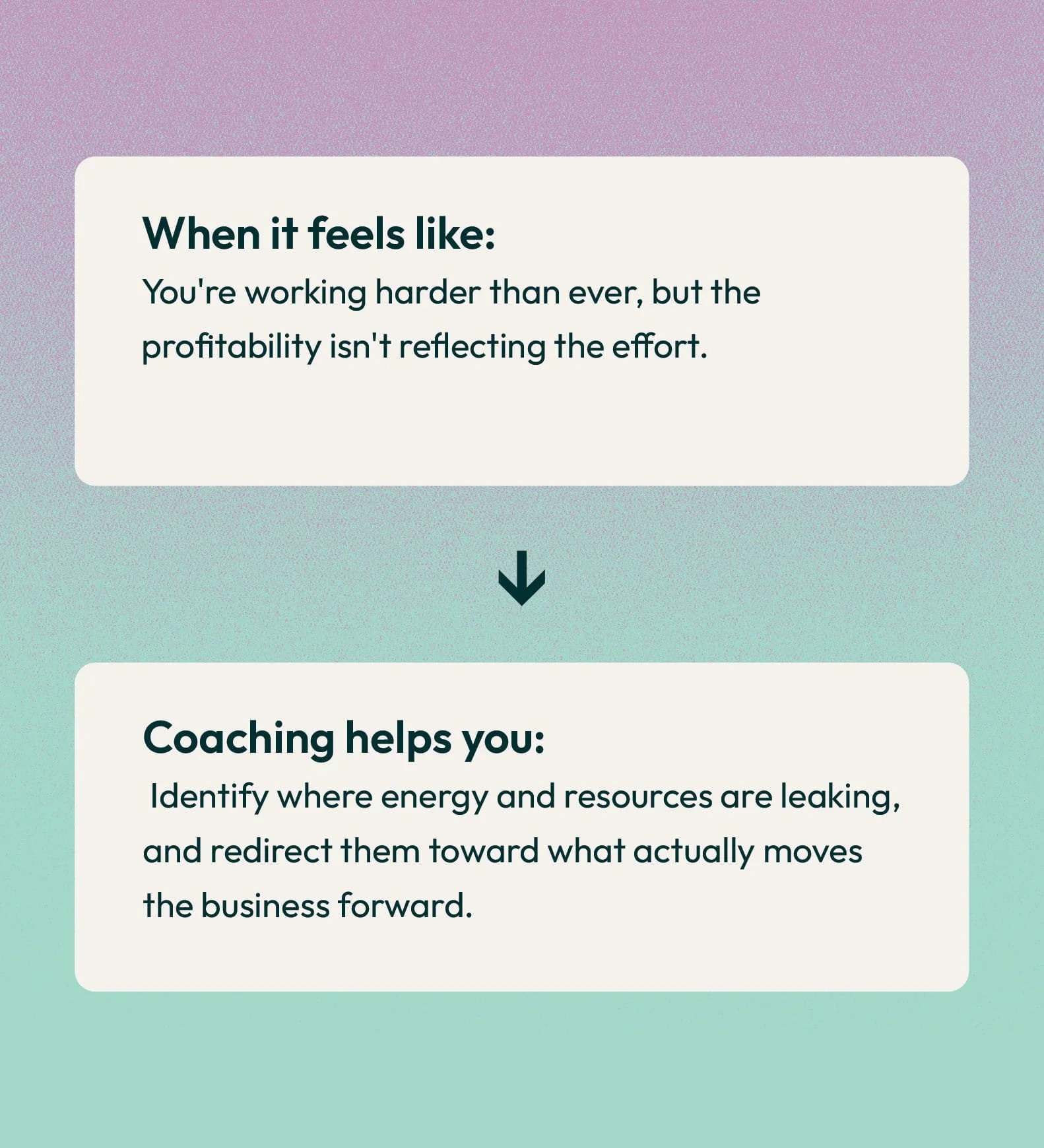 Online coaching or self-improvement page with text content about feeling productive and coaching benefits, with a downward arrow icon.