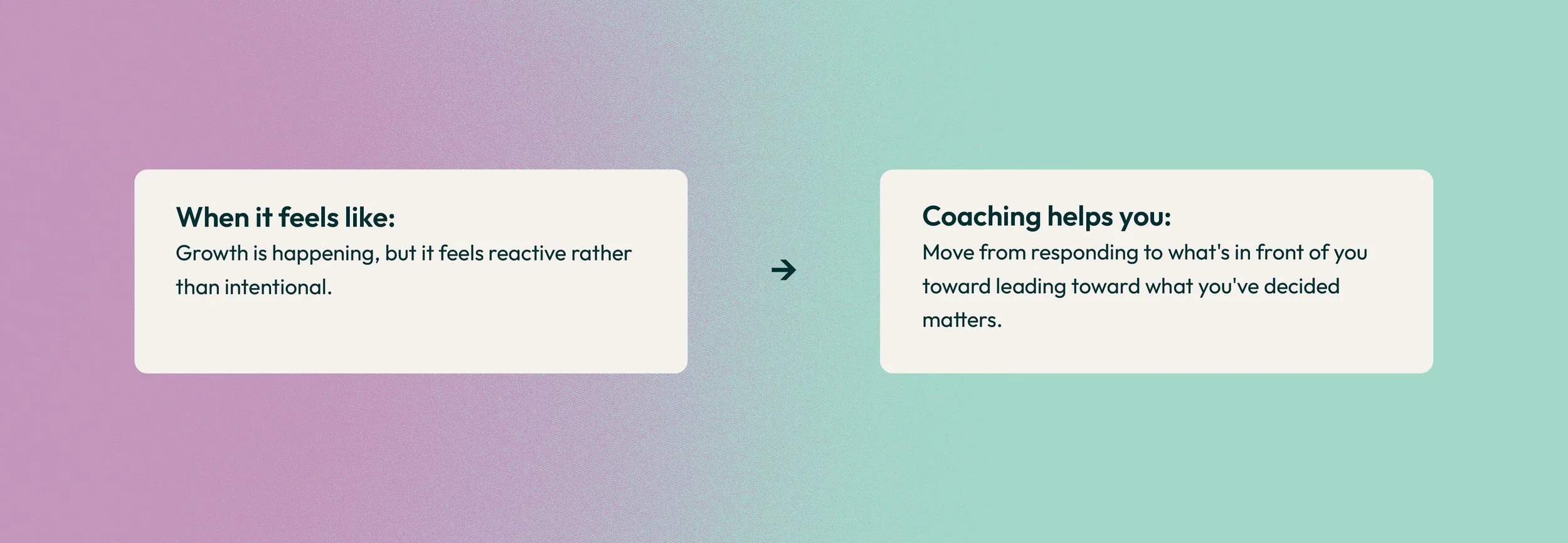 A graphic with a pastel gradient background divided into two sections. The left section states, 'When it feels like: Growth is happening, but it feels reactive rather than intentional.' The right section states, 'Coaching helps you: Move from respond