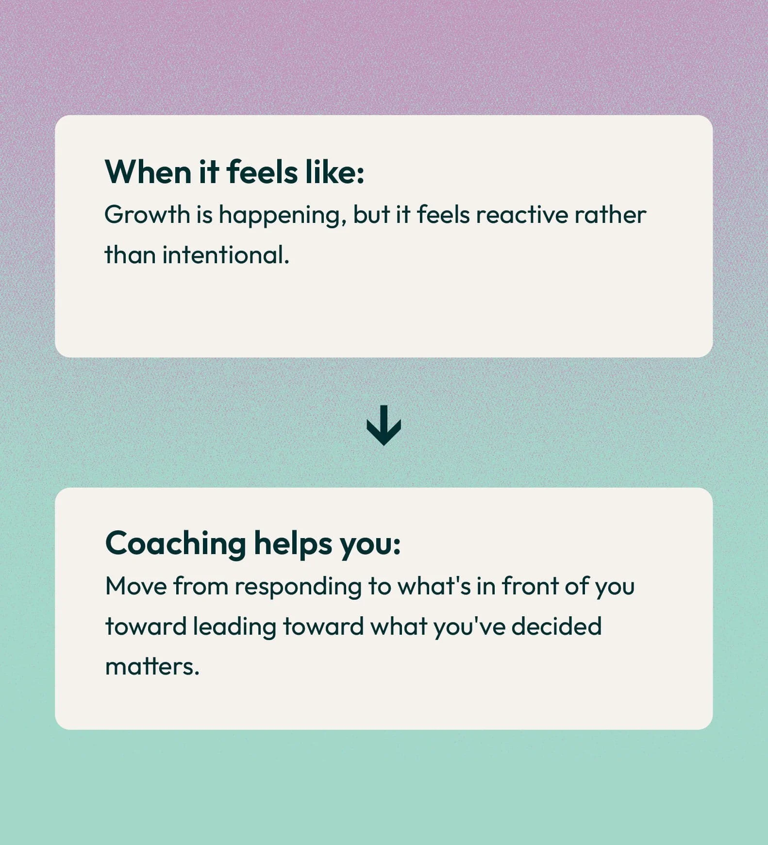 Text on a graphic with a purple and mint green gradient background, showing two sections of information about growth and coaching benefits.