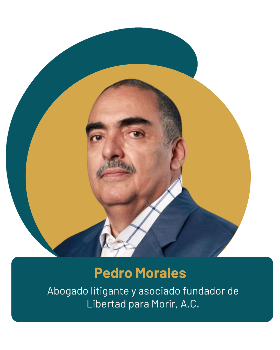 Retrato de Pedro Morales, hombre con bigote, usando saco y camisa a cuadros, en fondo amarillo con borde azul, y texto que dice: Pedro Morales, Abogado litigante y asociado fundador de Libertad para Morir, A.C.