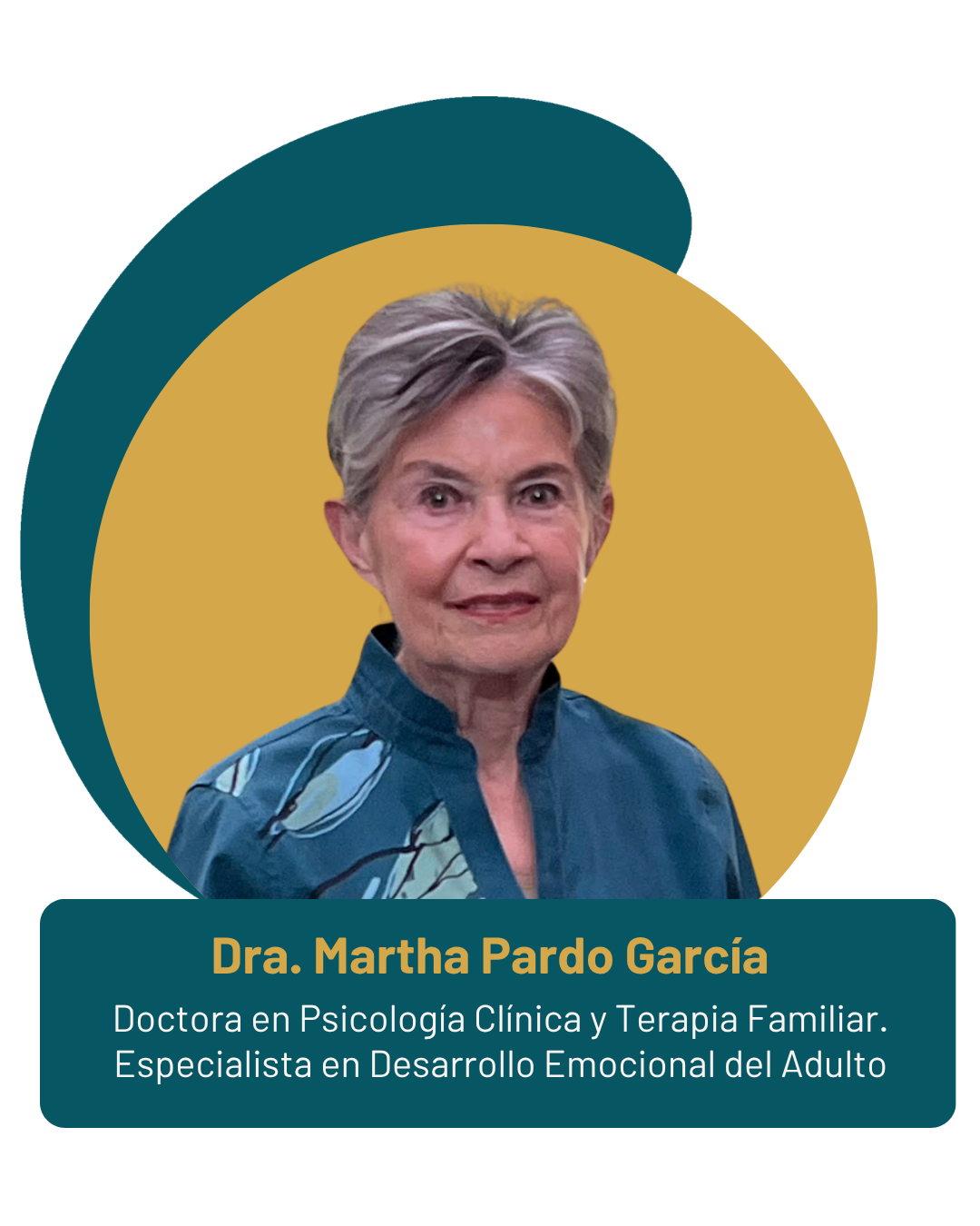 Retrato de la Dra. Martha Pardo García, una mujer de cabello rubio y canoso, vestida con blusa azul con detalles en verde, sobre un fondo amarillo y diseño gráfico azul y verde. Debajo, su nombre y títulos profesionales en psicología clínica, terapia familiar y desarrollo emocional del adulto.