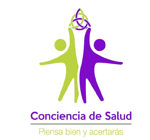 Logo que muestra a dos figuras humanas, una verde y una morada, levantando juntas un símbolo de salud o conciencia, con el texto "Conciencia de Salud" y la frase "Piensa bien y acertarás".