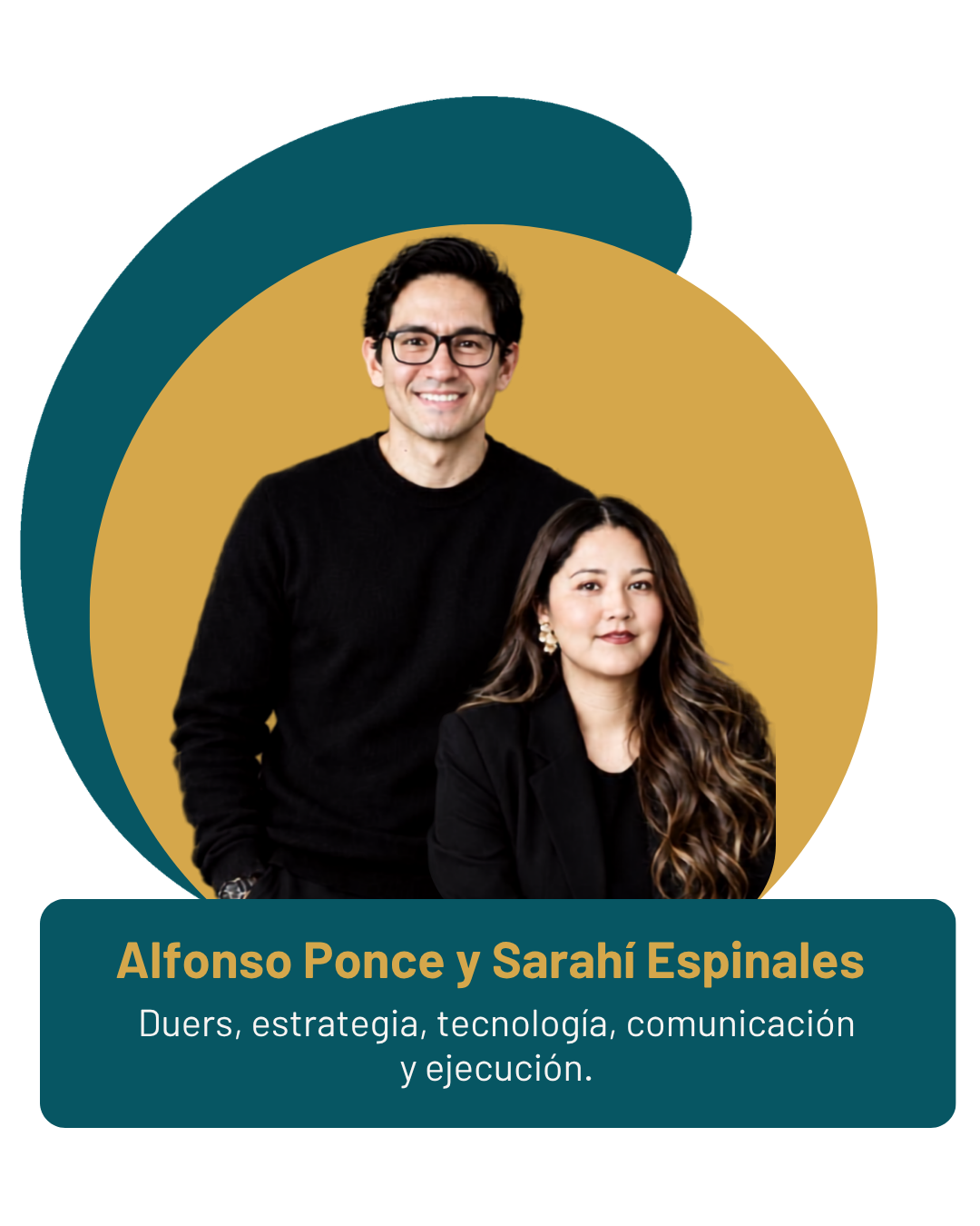 Foto de Alfonso Ponce y Sarahí Espinales, una pareja profesional, mujer de cabello largo y rizado, hombre con gafas, ropa oscura, fondo color mostaza y azul.