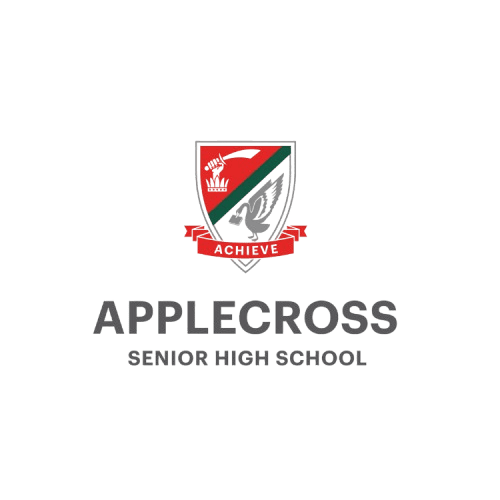 Applecross Senior High School logo featuring a shield with red and green sections, a silver wreath, and a red banner with 'Achieve' written on it.
