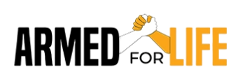 Logo with the word 'ARMED' in black and 'LIFE' in orange, separated by a white silhouette of a person holding an axe.