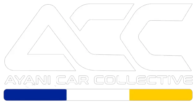 Logo for Ayan Car Collective with a black and yellow bar beneath