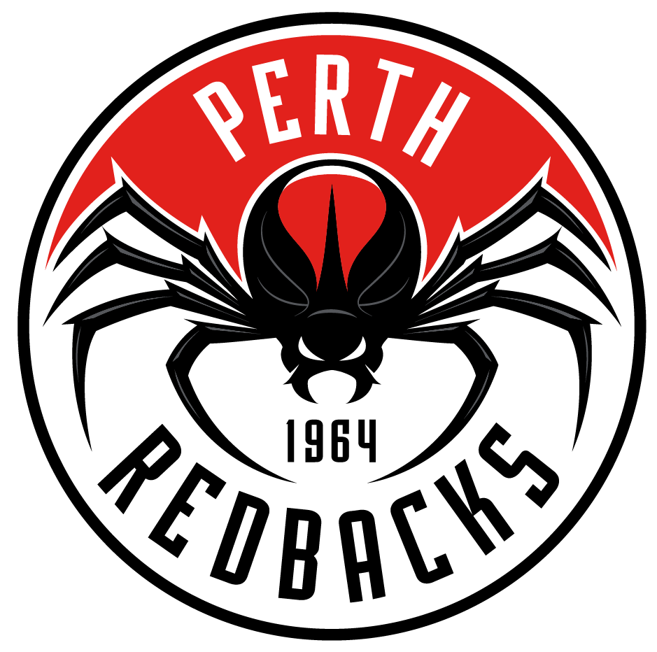 Perth Redbacks logo featuring a black widow spider with red markings, with the words 'Perth Redbacks' and the year 1964.