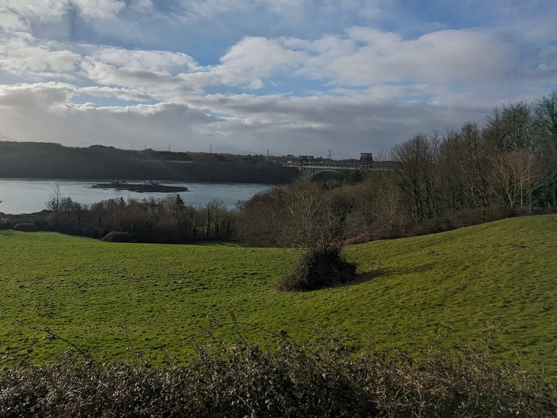 A landscape featuring green grassy rolling hills in the foreground, bare trees on a hill, a bridge over a river, and a cloudy sky.