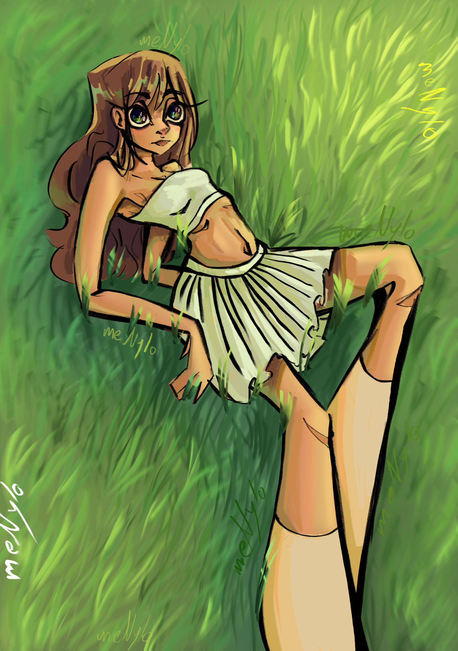 Drawing of a girl with long brown hair and glasses, lying on green grass with tall blades, wearing a white and black dress. The girl appears to be looking up with wide eyes. There are words written in yellow and white on the grass and in the air, including 'hello' and 'meLy'.
