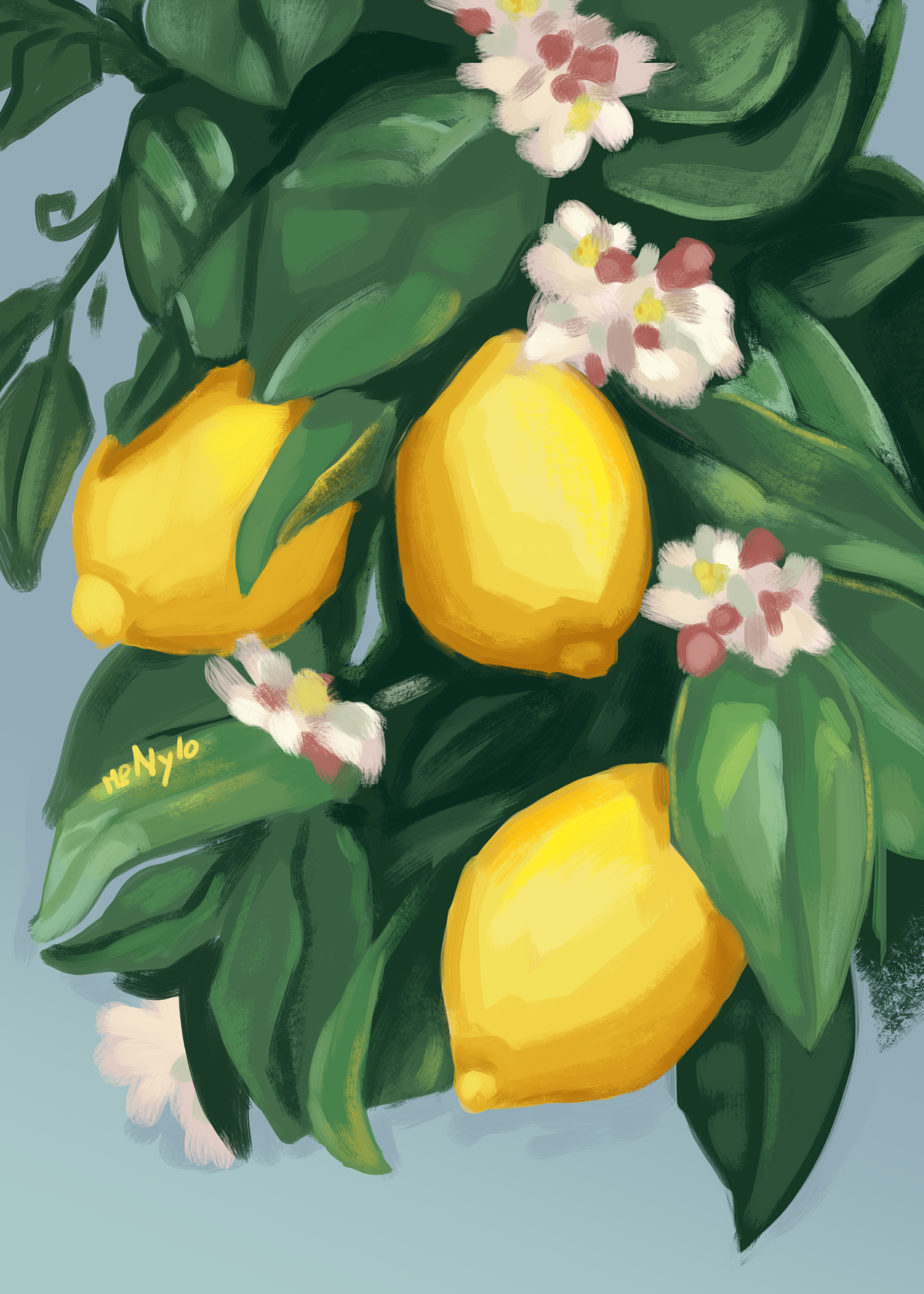 A digital painting of yellow lemons, green leaves, and white flowers with pink centers on a pale blue background.