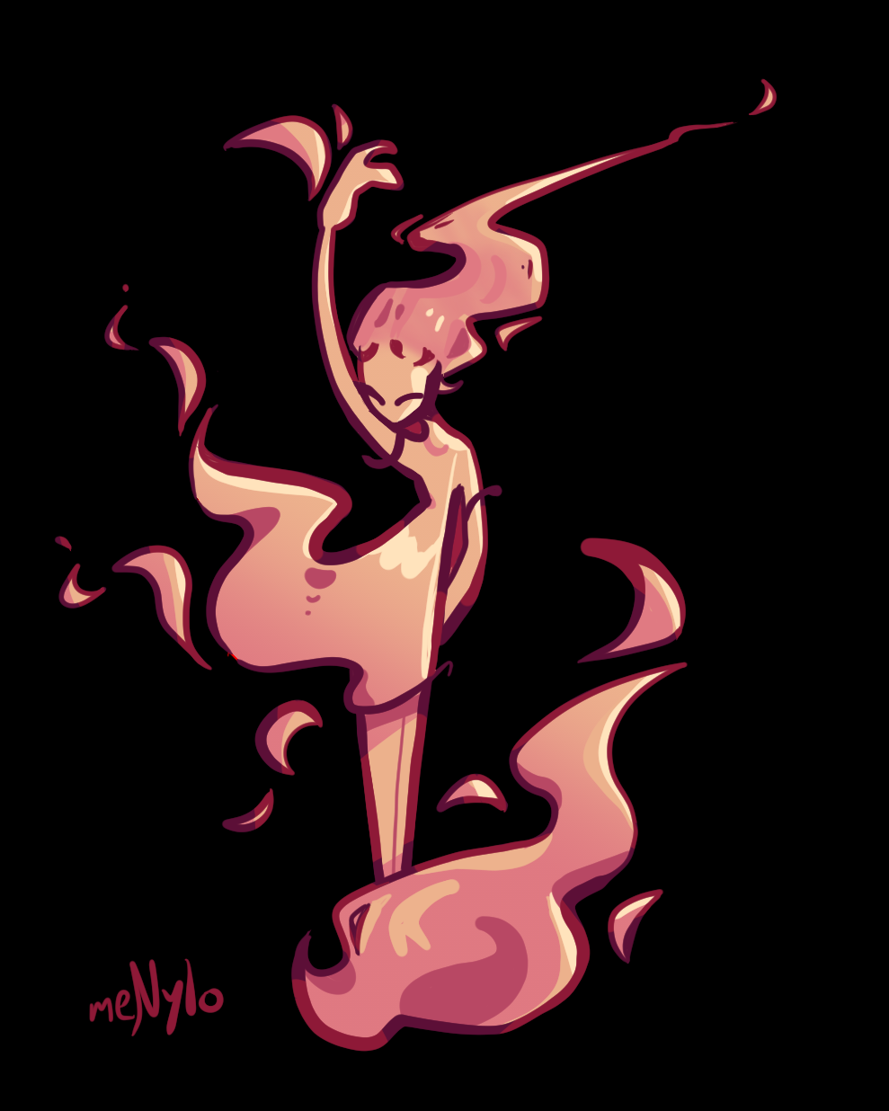Ilustración abstracta de una figura femenina que viste un elegante vestido vaporoso, con un cuerpo de tonos rosados ​​y largas pestañas, rodeada de llamas o humo sobre un fondo negro.