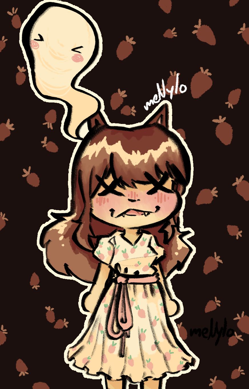 Cartoon girl with brown hair and cat ears, wearing a floral dress, making a distressed face with fangs showing, with a speech bubble of a winking, blushing moon in the background, and a pattern of small brown objects around her.