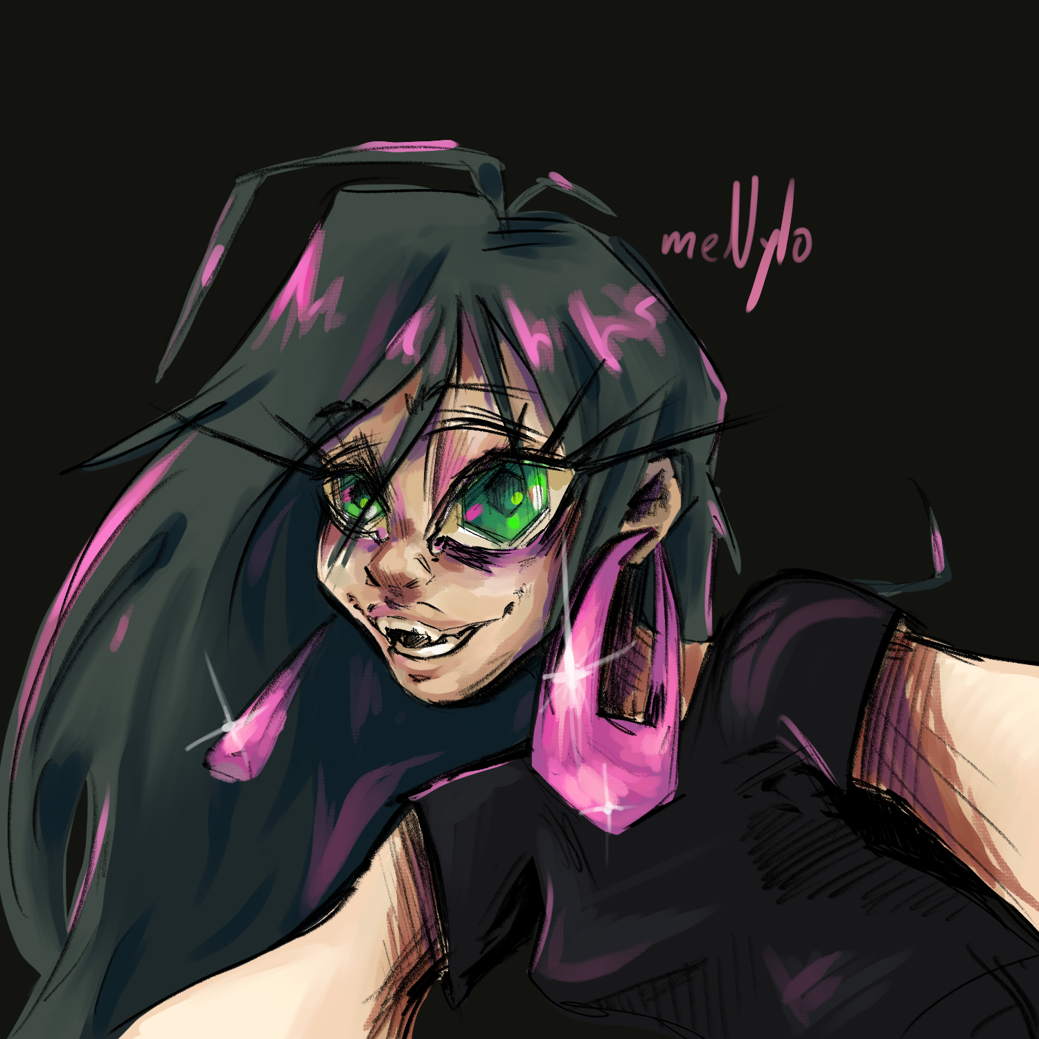 Digital drawing of a person with long dark hair with pink highlights, large green eyes, and a mischievous smile, wearing a black top and purple earrings, against a black background.