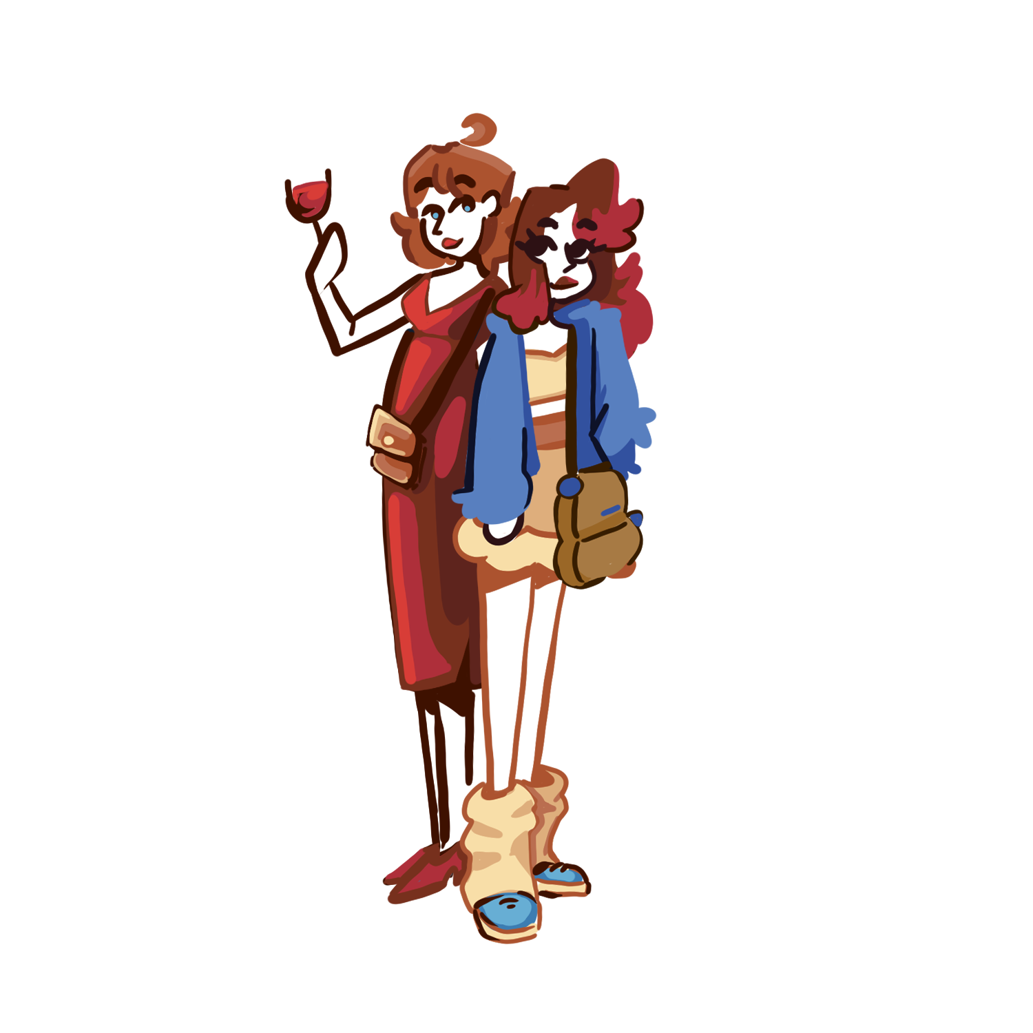 A cartoon drawing of two young women, one with long brown hair and the other with shoulder-length brown hair, standing next to each other against a background of retro horizontal stripes in teal, red, purple, orange, and black.