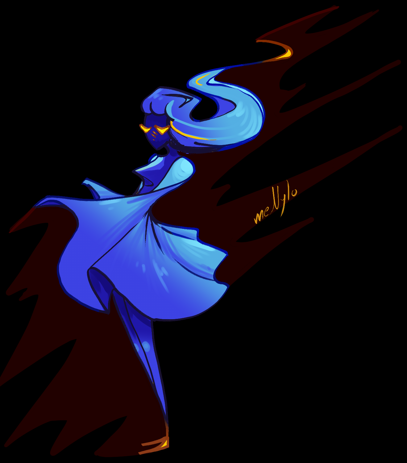 Digital illustration of a female figure with long flowing hair, dressed in a long blue gown, standing on a dark, streaked background.