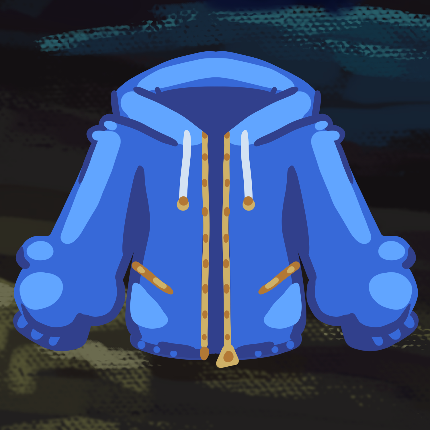 Illustration of a blue winter jacket with tan details on a dark background.