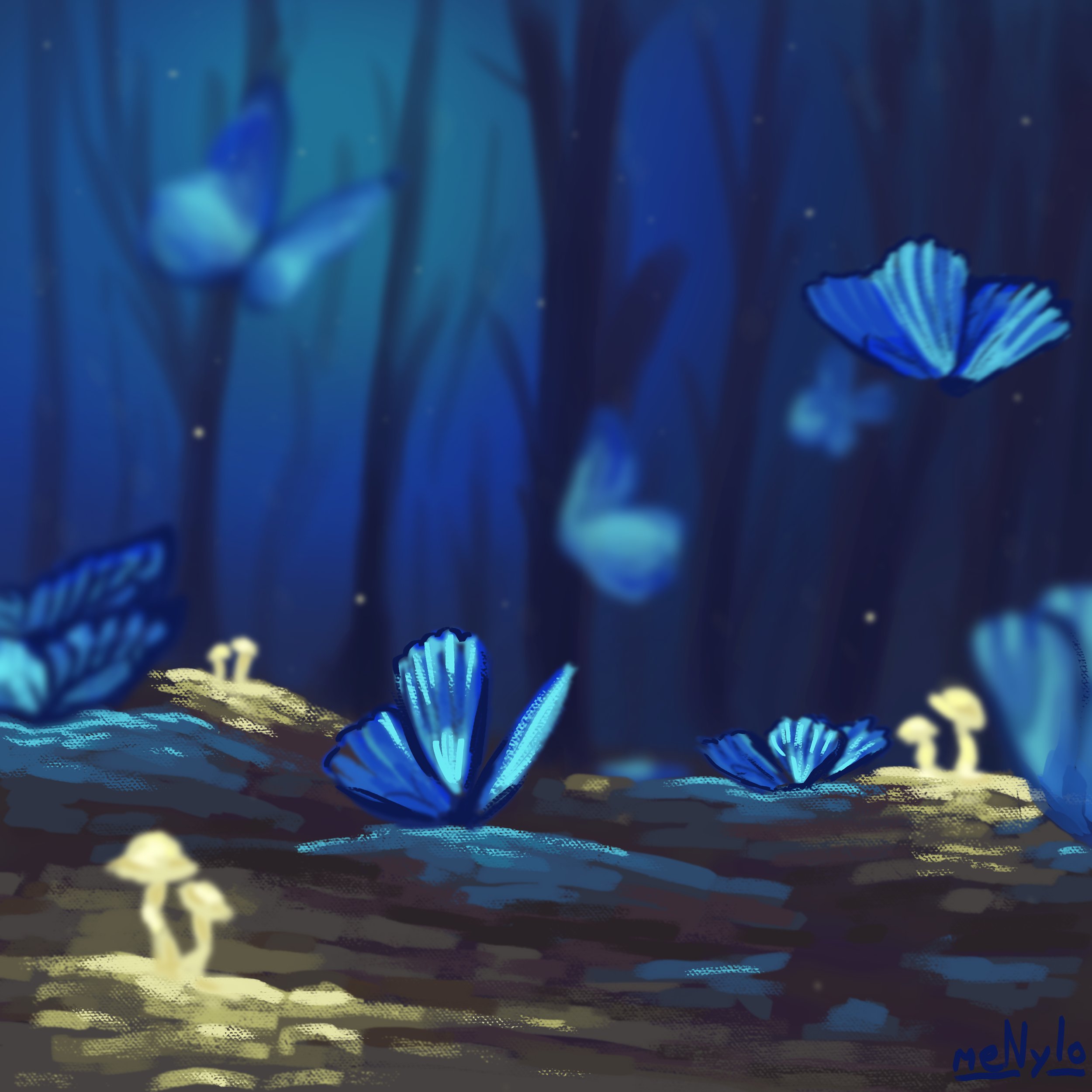 A blue butterfly with detailed wings flying near a flower with yellowish-green leaves at sunset or night, with a dark background