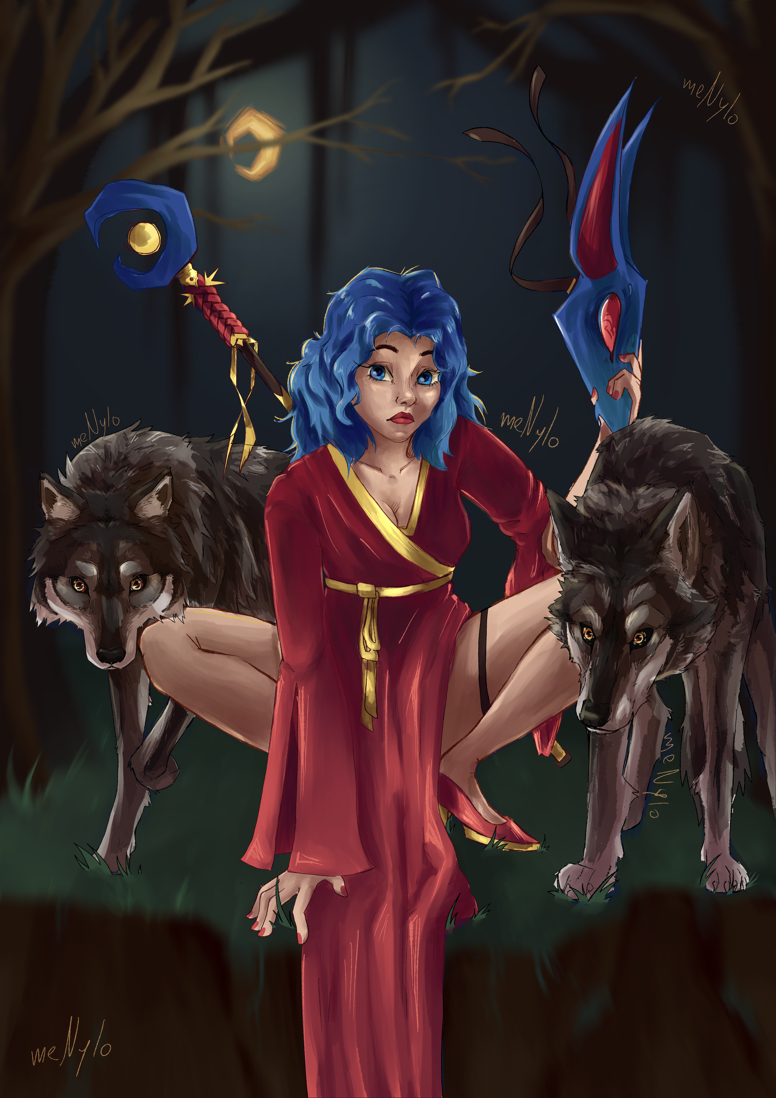 A young woman with blue hair dressed in a red kimono sitting on the grass at night, surrounded by two wolves. She is holding a blue mask with red and black details in her right hand and a staff with a golden top in her left. The background features a