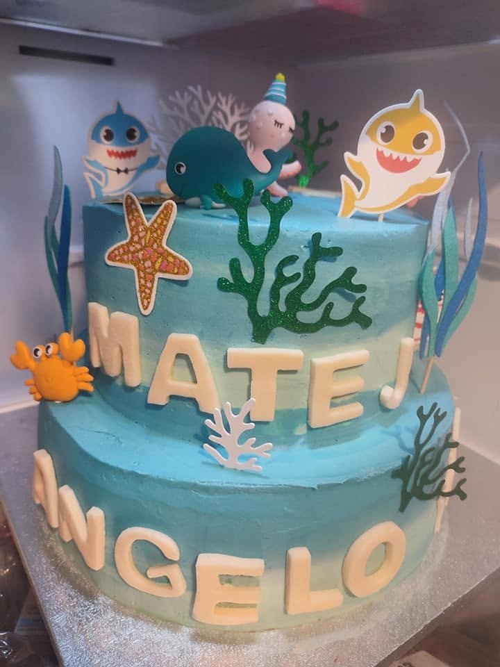 2-layer birthday cake decorated to create an ocean look.