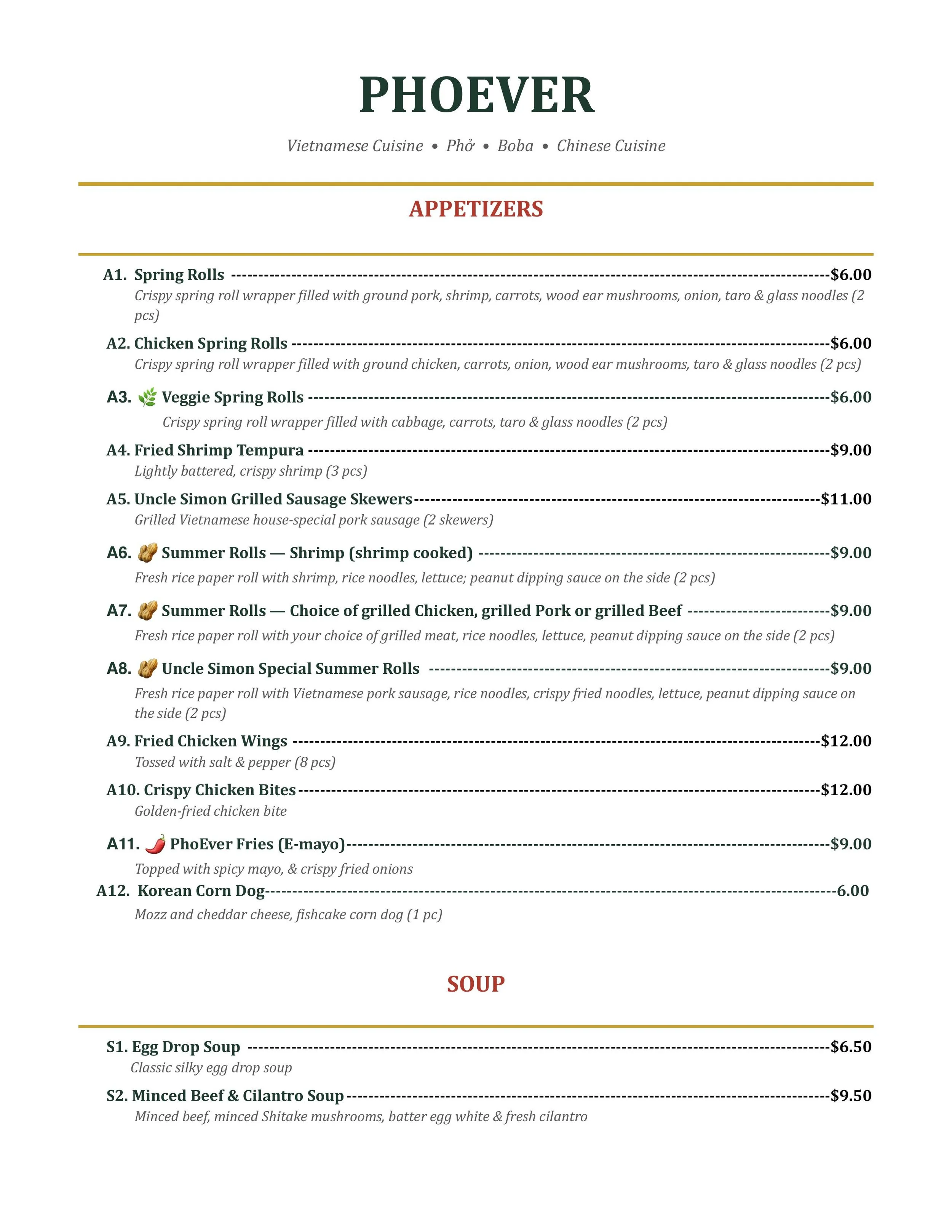 Menu of Pho Ever noodles and Boba in White Marsh, MD