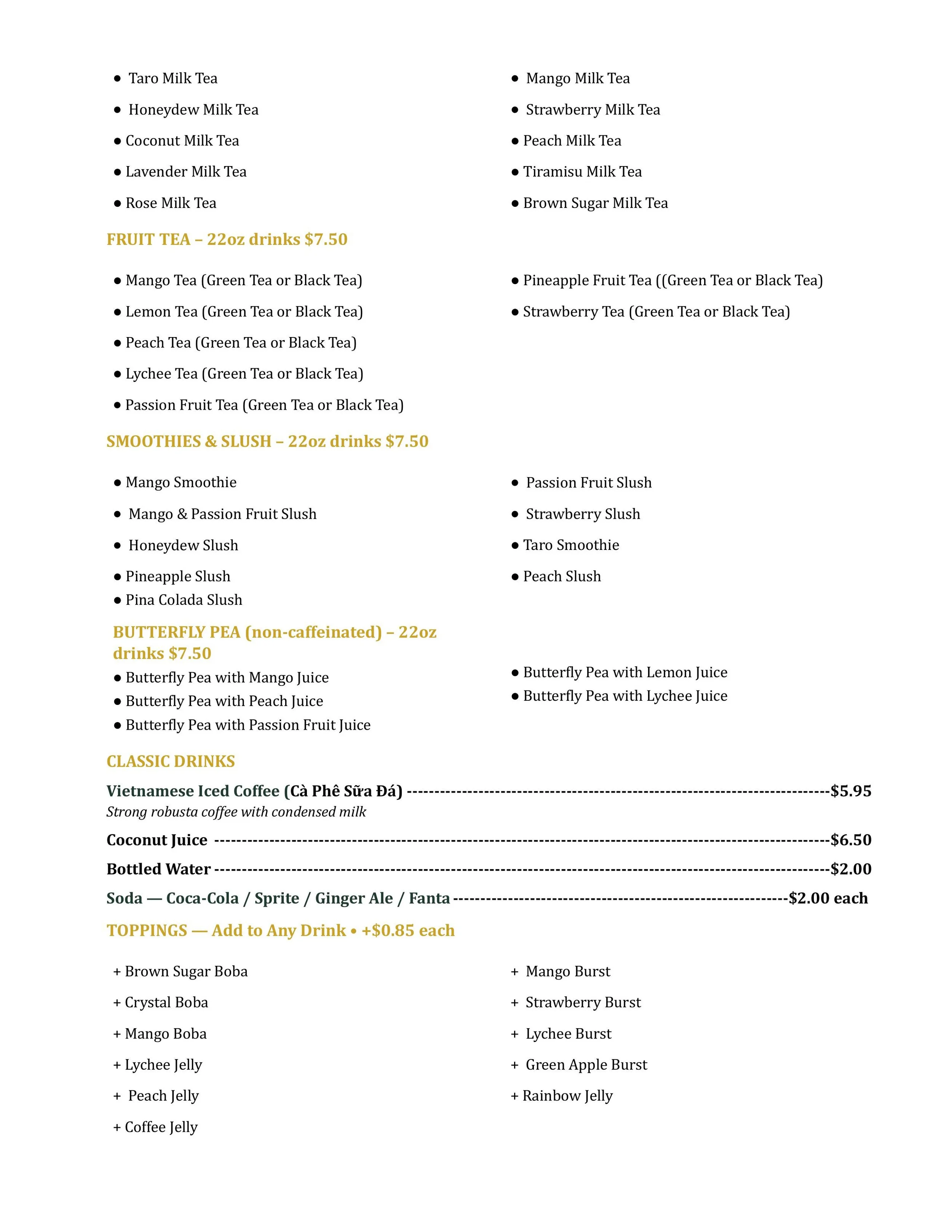 Menu of Pho Ever noodles and Boba in White Marsh, MD