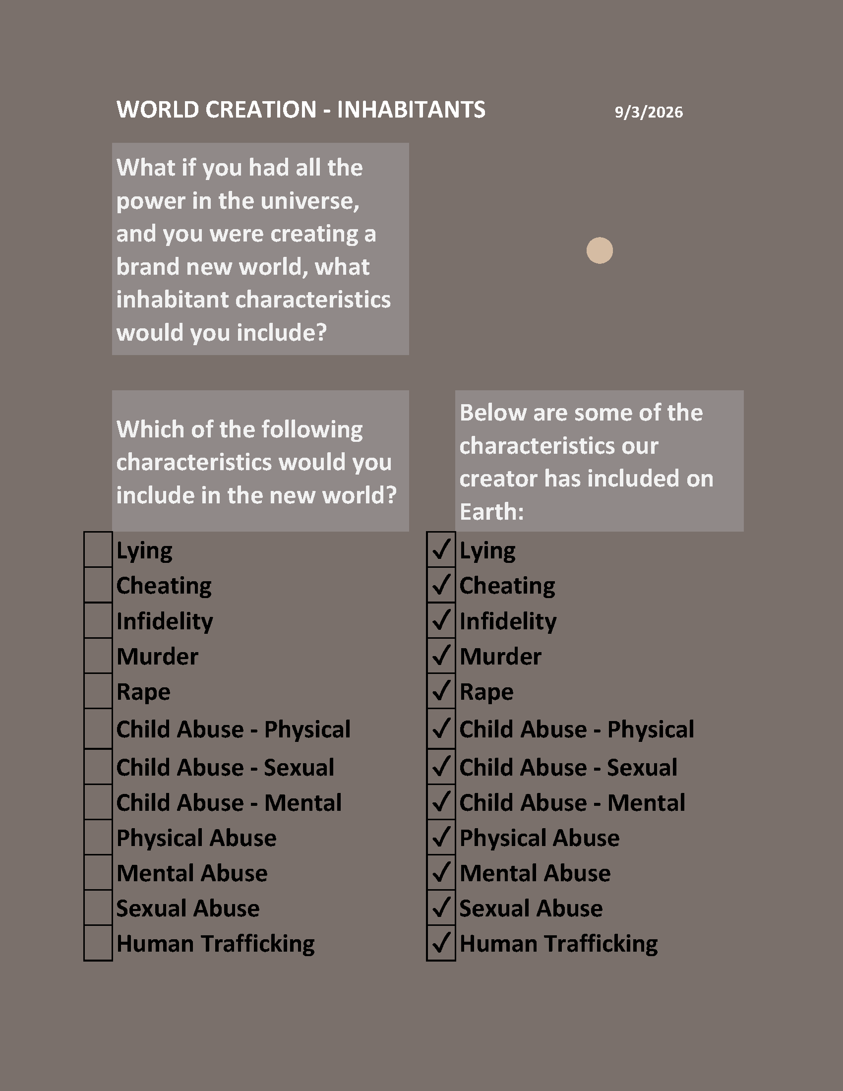 The first section showing the possible characteristics that could be included in the new inhabitants of the new created world. It also shows what characteristics are included on Earth.