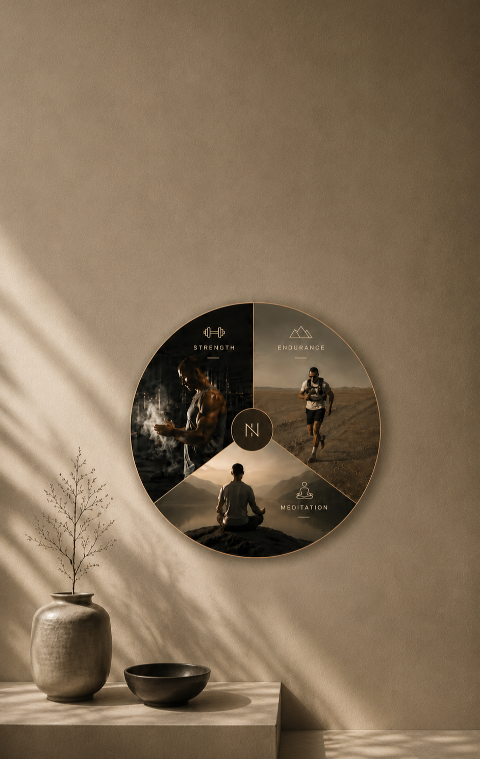 A circular wall art display titled 'Strength,' 'Endurance,' and 'Meditation,' showing images of a muscular man lifting weights, a person running on a dirt trail, and a person sitting in meditation overlooking mountains.
