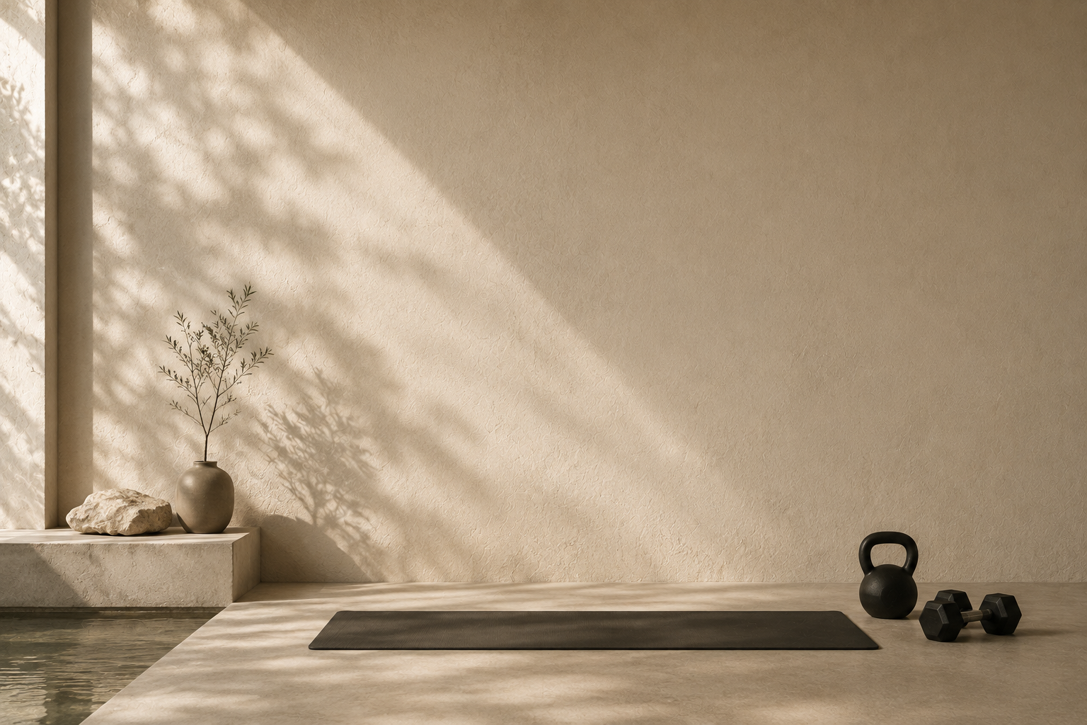 Minimalist indoor yoga space with a black yoga mat, black kettlebell, black dumbbells, and a potted plant casting shadows on a beige textured wall.
