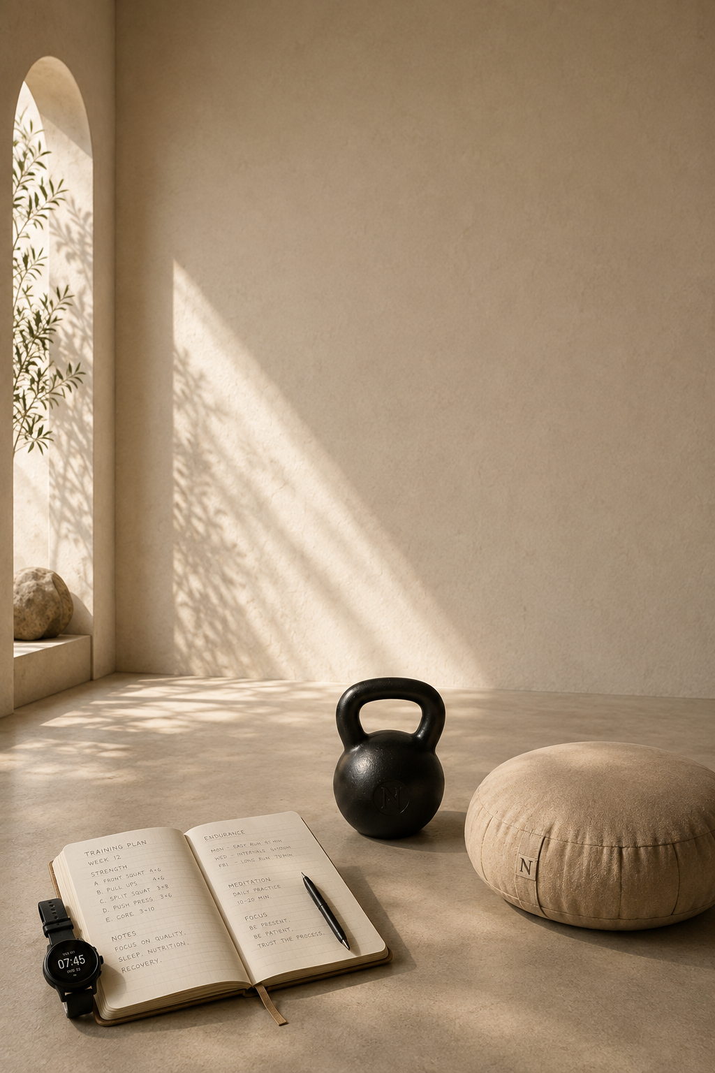 Minimalist room with beige walls and floor, featuring a black kettlebell, round beige cushion with 'N' tag, open notebook, black pen, and smartwatch, with sunlight and shadows from a nearby window.