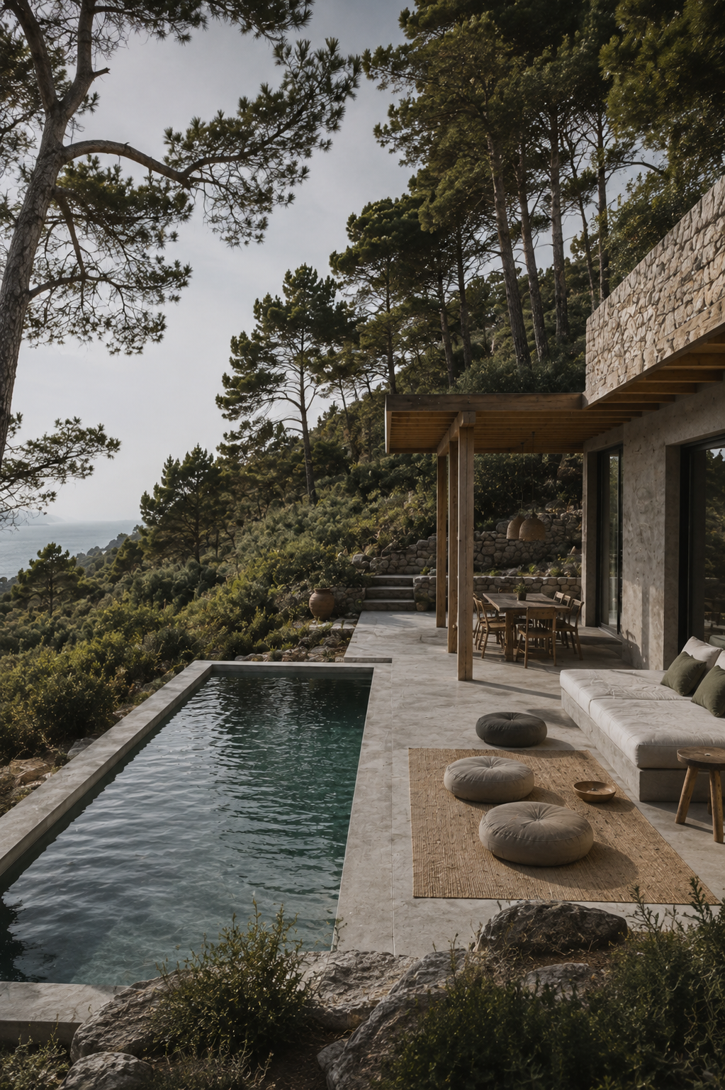 A modern outdoor patio with a pool, surrounded by trees and hillside, featuring a seating area with cushions, a dining table with chairs, and a stone wall on a hillside.
