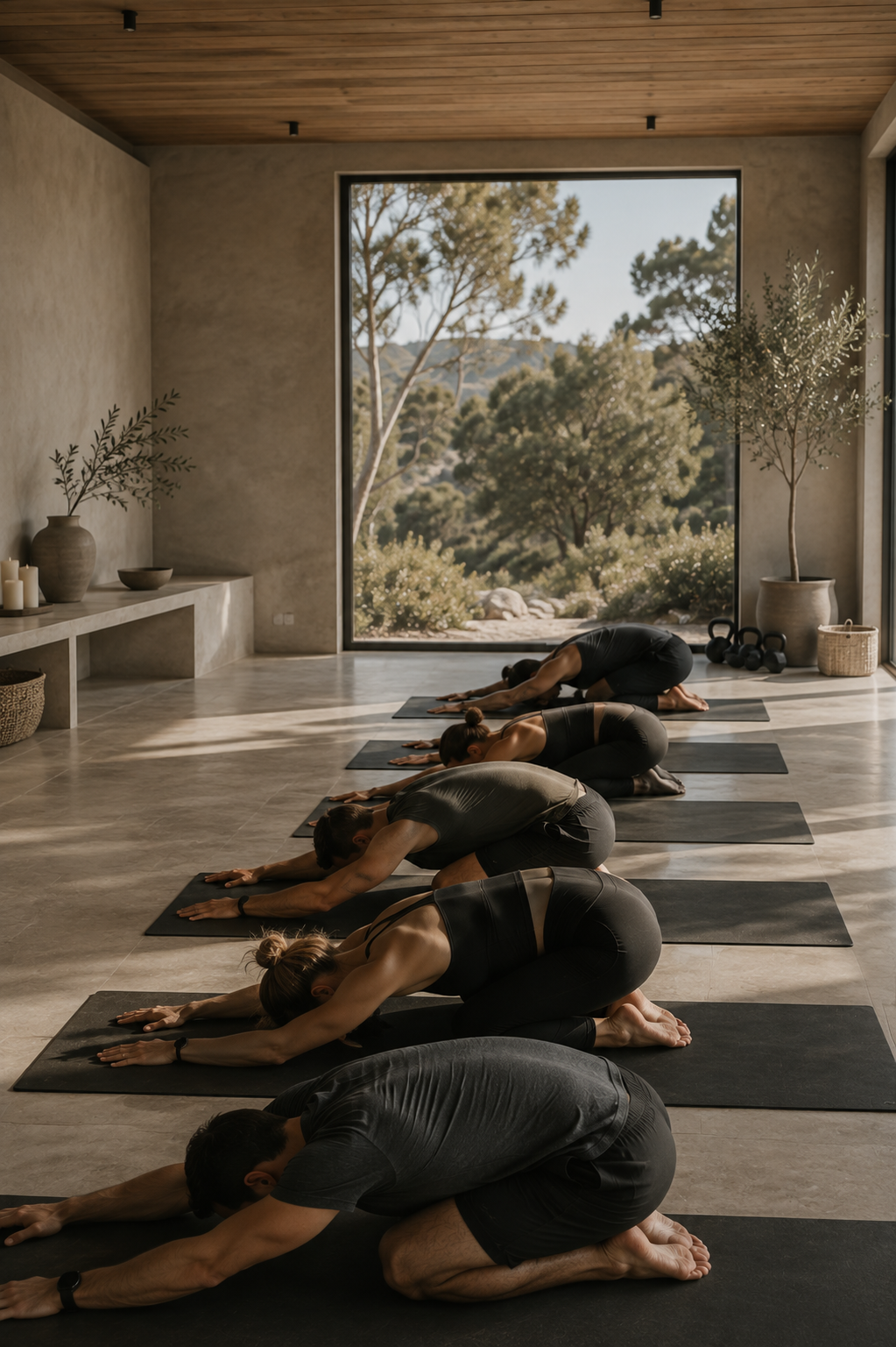 People practicing yoga in a spacious, sunlit room with a large window overlooking trees and nature.