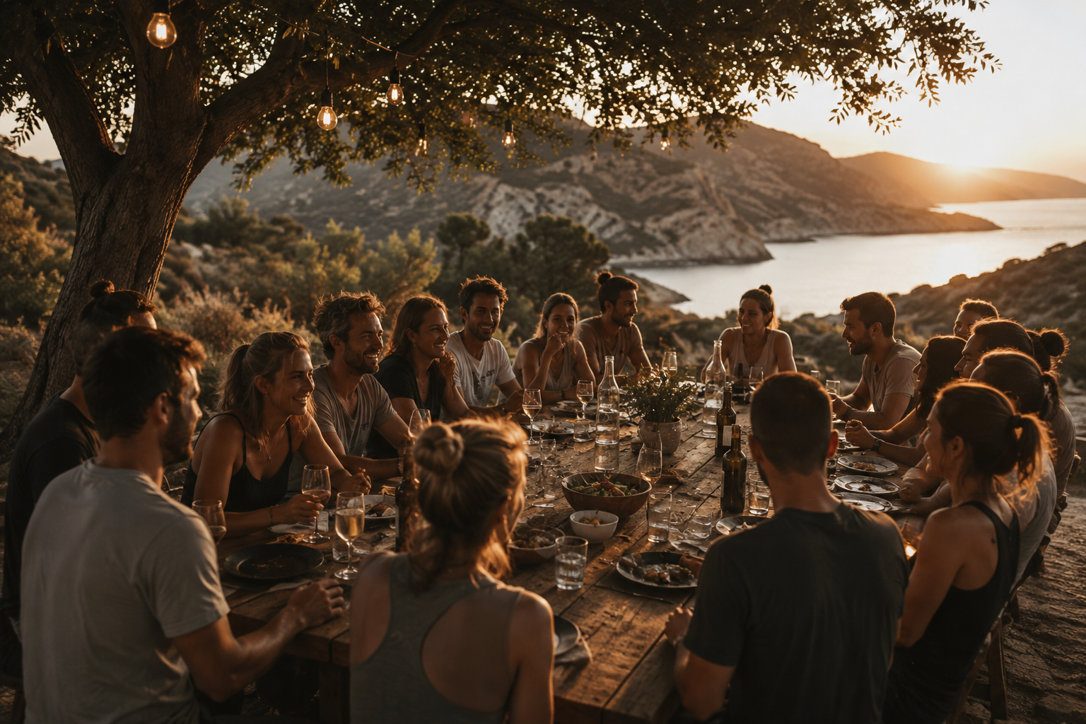 premium retreat zurich, A group of people enjoying a dinner outdoors at sunset around a long wooden table near the beach.mountains, with string lights hanging from a large tree overhead. Sardinia, Italy. communitiy of yoga, meditation and breathwork.
