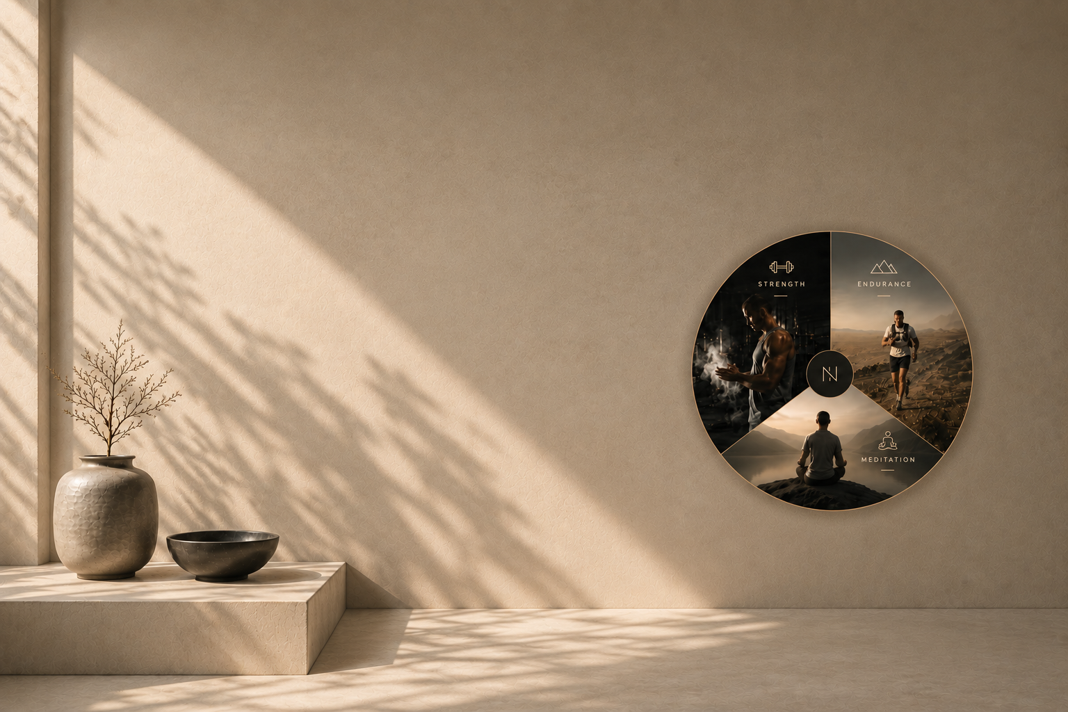 Minimalist interior with a beige wall, sunlight casting shadow patterns, a vase with a small tree, and a round wall display divided into three sections labeled Strength, Endurance, and Meditation, with images of a muscular man, a person running in a desert, and a person meditating by a lake.