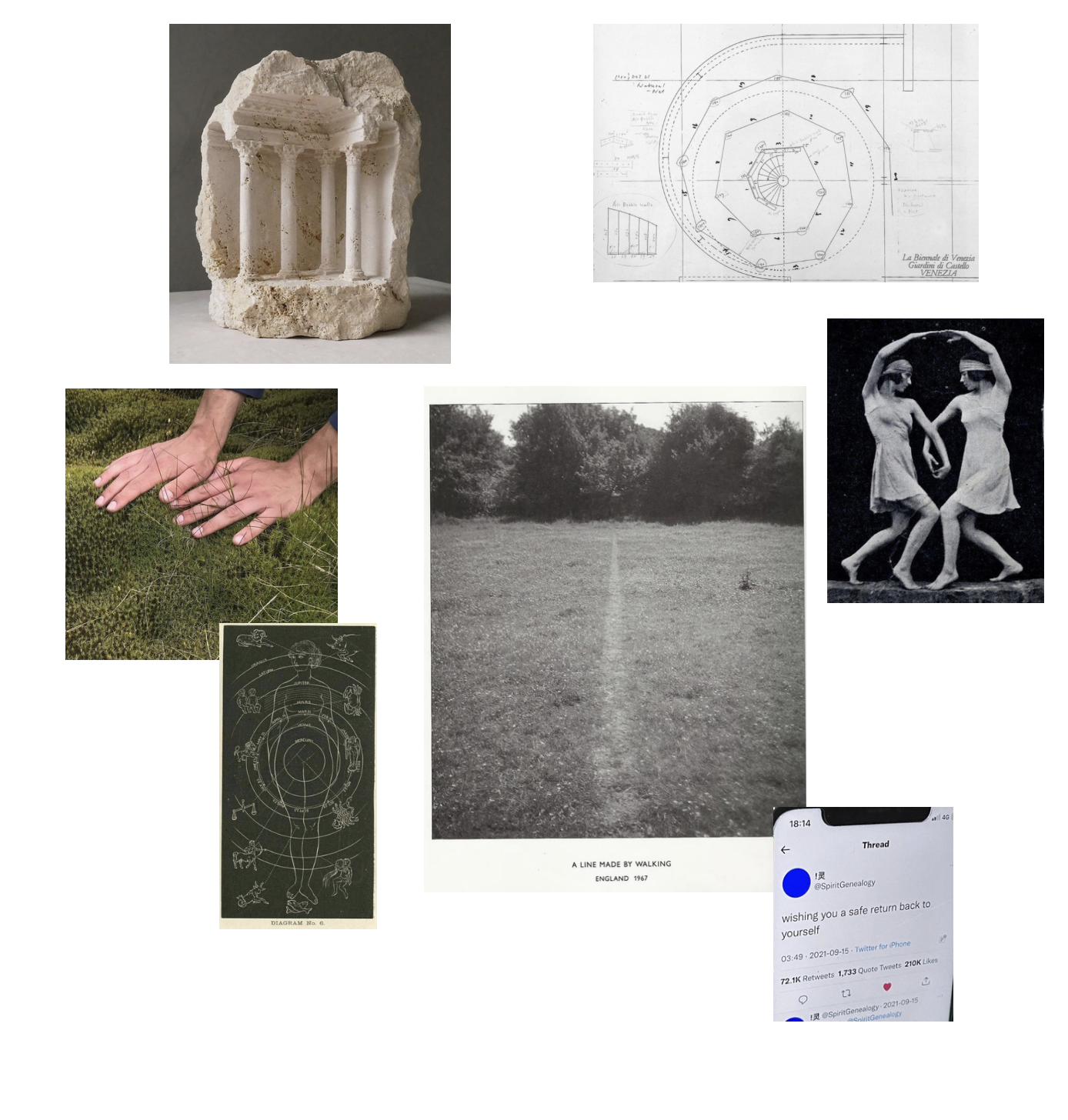 A collage of various images including a carved stone with columns, an architectural blueprint of a circular structure with a spiral staircase, a pair of vintage black-and-white photographs of women, a diagram of the zodiac signs, a person’s hands touching grass, a straight path with trees, and a screenshot of a Twitter post wishing someone a safe return.