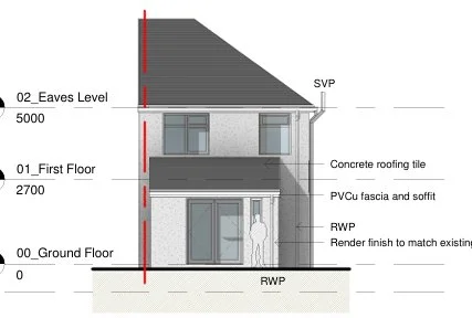 Architectural elevation drawing of a house showing various construction layers, including ground floor, first floor, eaves level, concrete roofing tile, PVC fascia and soffit, RWP, and SVP.