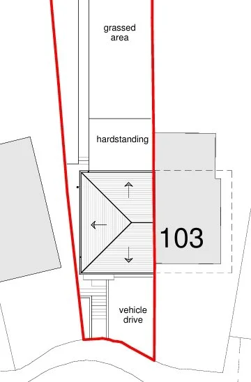 Site plan showing a property with a grassed area, hardstanding, vehicle drive, and a building numbered 103, with boundary lines marked in red.