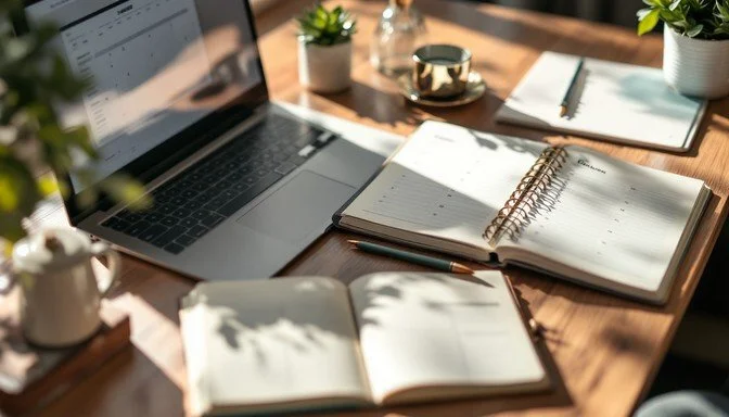 A desk with an open laptop, open notebooks, a pen, a small potted plant, and a notepad with a pen, all on a wooden surface.