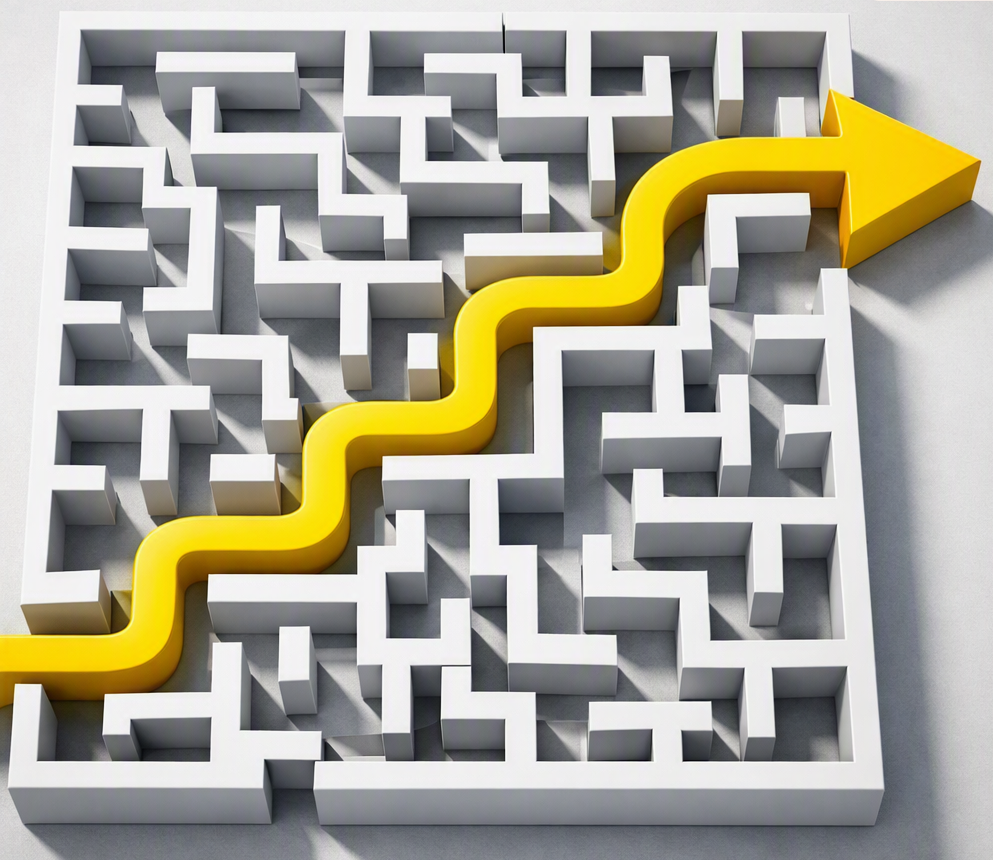 White maze with a yellow, winding arrow pointing to the upper right corner.
