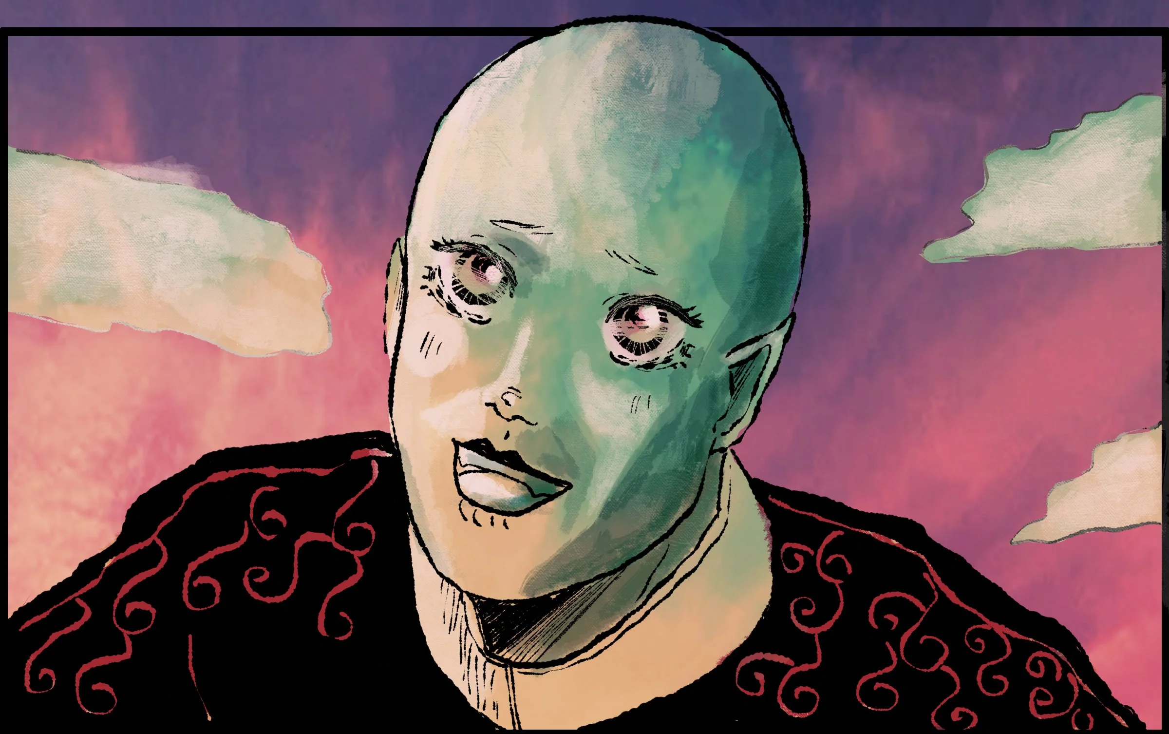Illustration of a bald person with an expressive face, surrounded by pastel-colored clouds and a purple sunset sky, wearing a black robe with red swirl patterns.