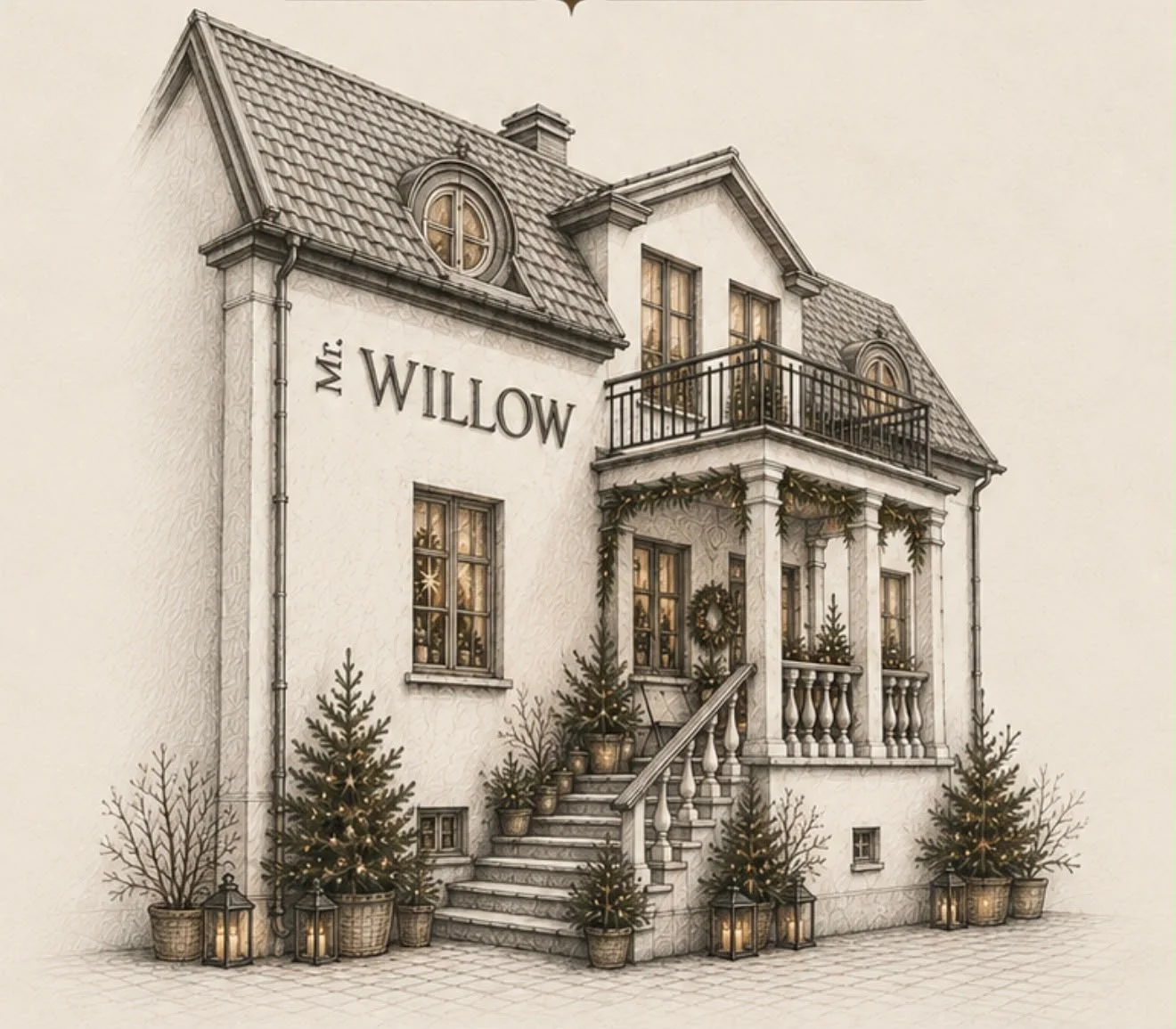Ett vitt hus med namnet Mr. Willow, dekorerat för jul, med granris, adventsljusstakar och julgranar vid ingången, samt blomkrukor och ljuslyktor utanför.
