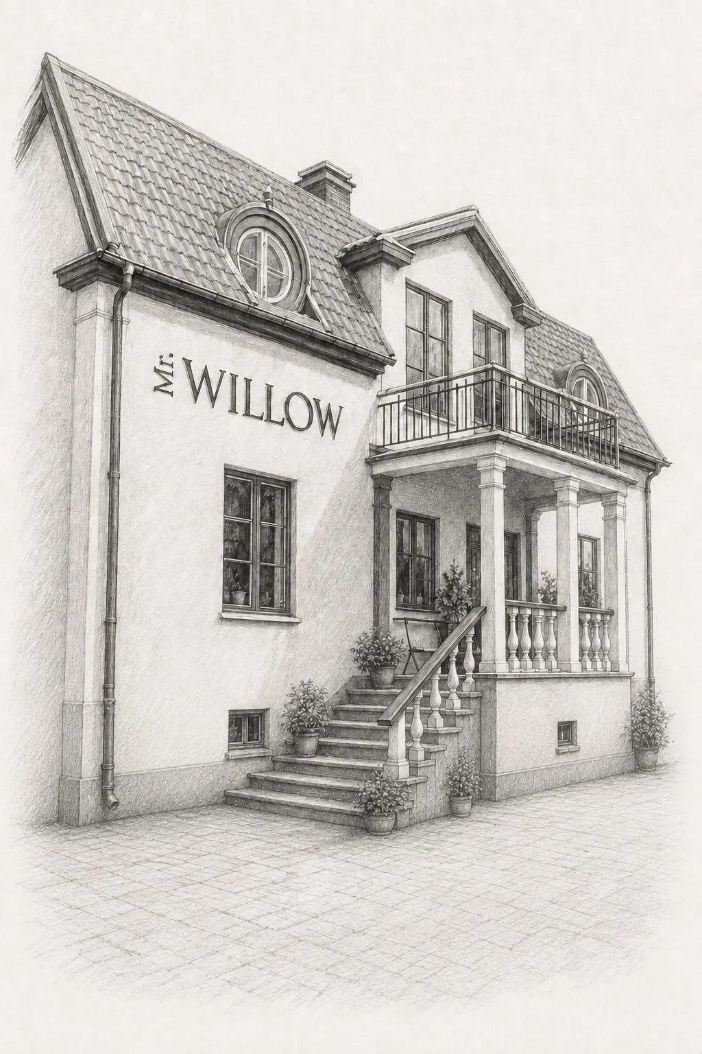Ett vitt hus med namnet 'Mr. WILLOW' på väggen, fönster, en balkong, utomhusplantering och en trappa som leder till entrén.