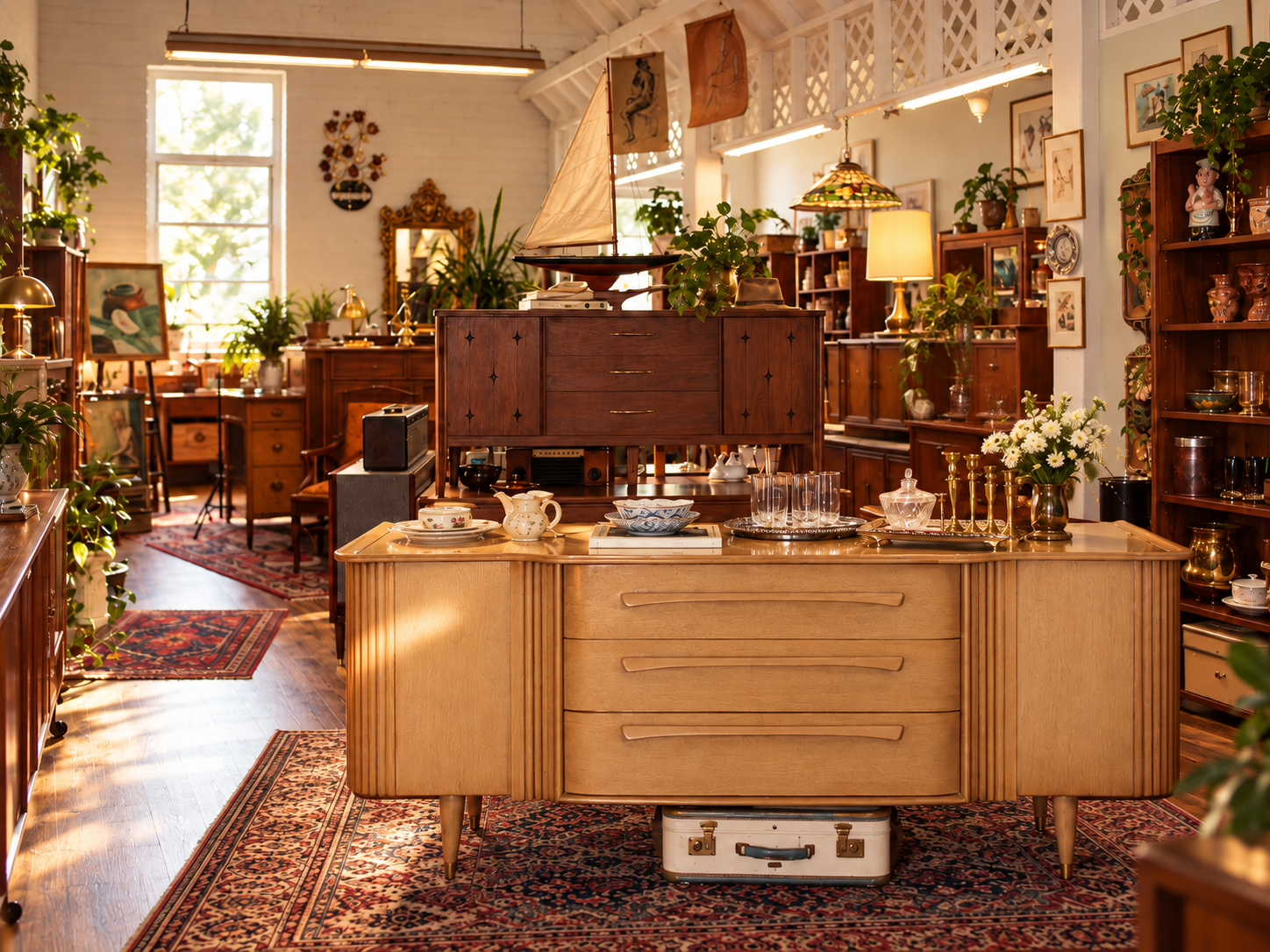 Interior of an antique shop with wooden furniture, shelves filled with various decorative items, plants, and a central wooden island with vintage dinnerware and a model sailboat on top. Sunlight filters through large windows, illuminating the cozy, e