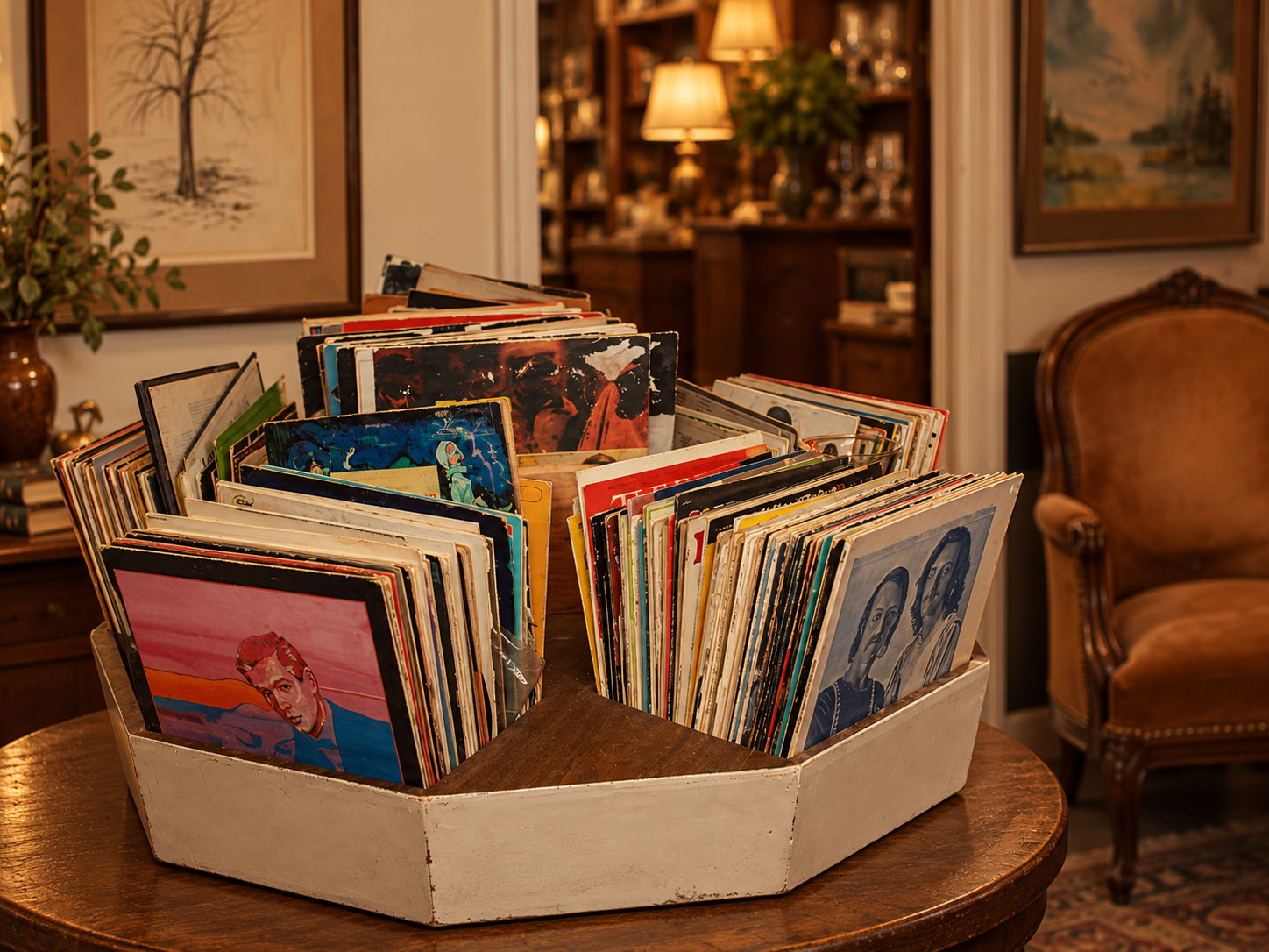 A wooden table holding a white angular tray filled with vinyl records, with artwork including portraits and colorful scenes, in a cozy, warmly lit living room with framed pictures and a plush, vintage armchair.
