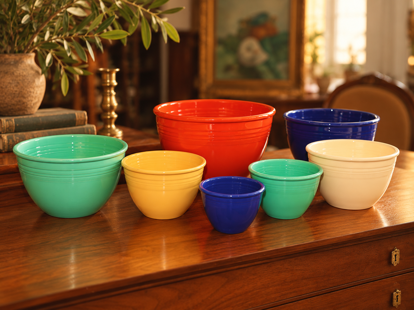 Colorful ceramic bowls of various sizes on a wooden table in a cozy, well-lit room.